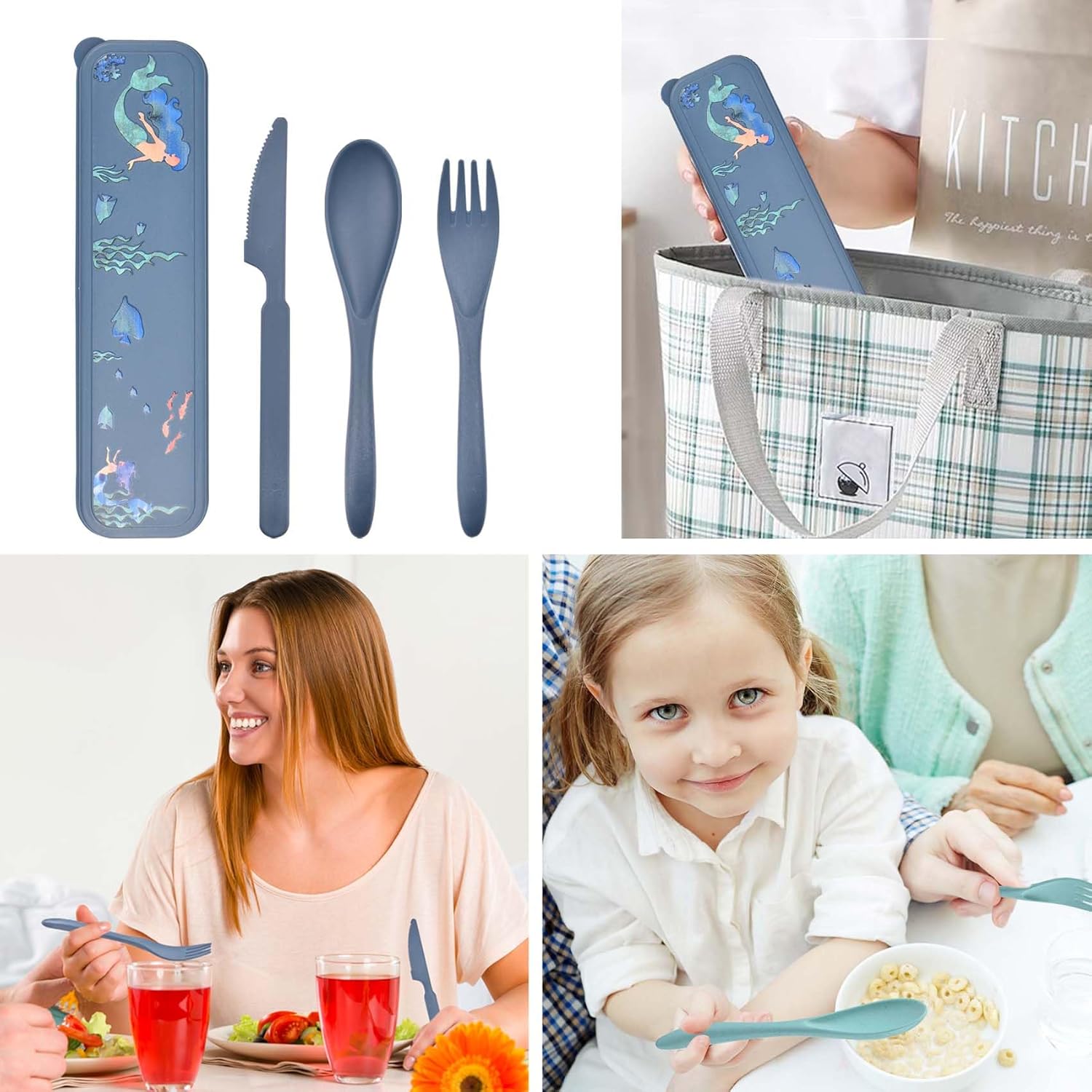 Juego de utensilios reutilizables con estuche, juego de 2 utensilios de camping, cuchara de plástico portátil, tenedores, juego de cubiertos