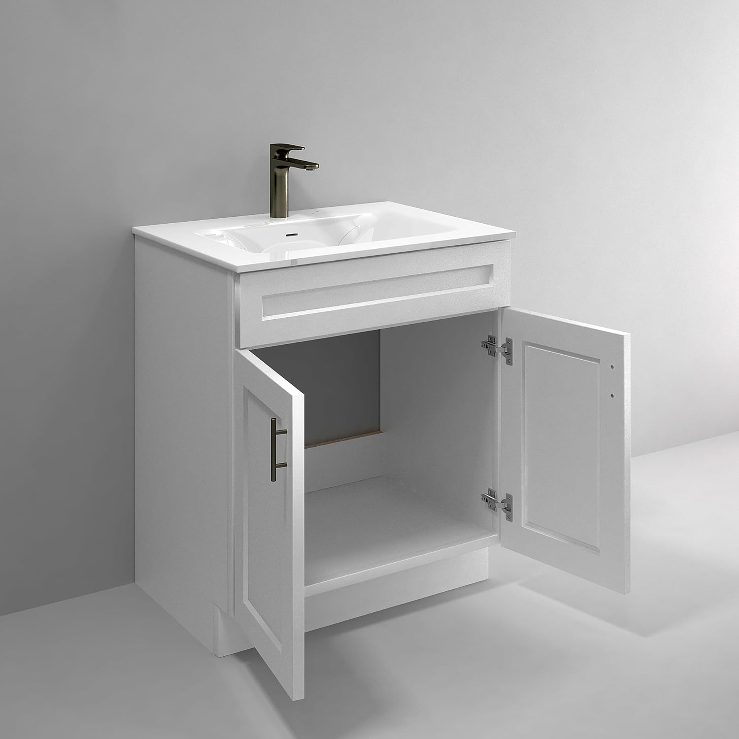 Lavabo de baño blanco con base de coctelera de 24″30″36″ de ancho, armario listo para montar (30″ de ancho)