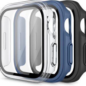 Paquete de 3 fundas rígidas de policarbonato con protector de pantalla de vidrio templado compatible con Apple Watch Series 6, SE, 5 y 4 de 1.575 Paquete de 3 fundas rígidas de policarbonato con protector de pantalla de vidrio templado compatible con Apple Watch Series 6, SE, 5 y 4 de 1.575