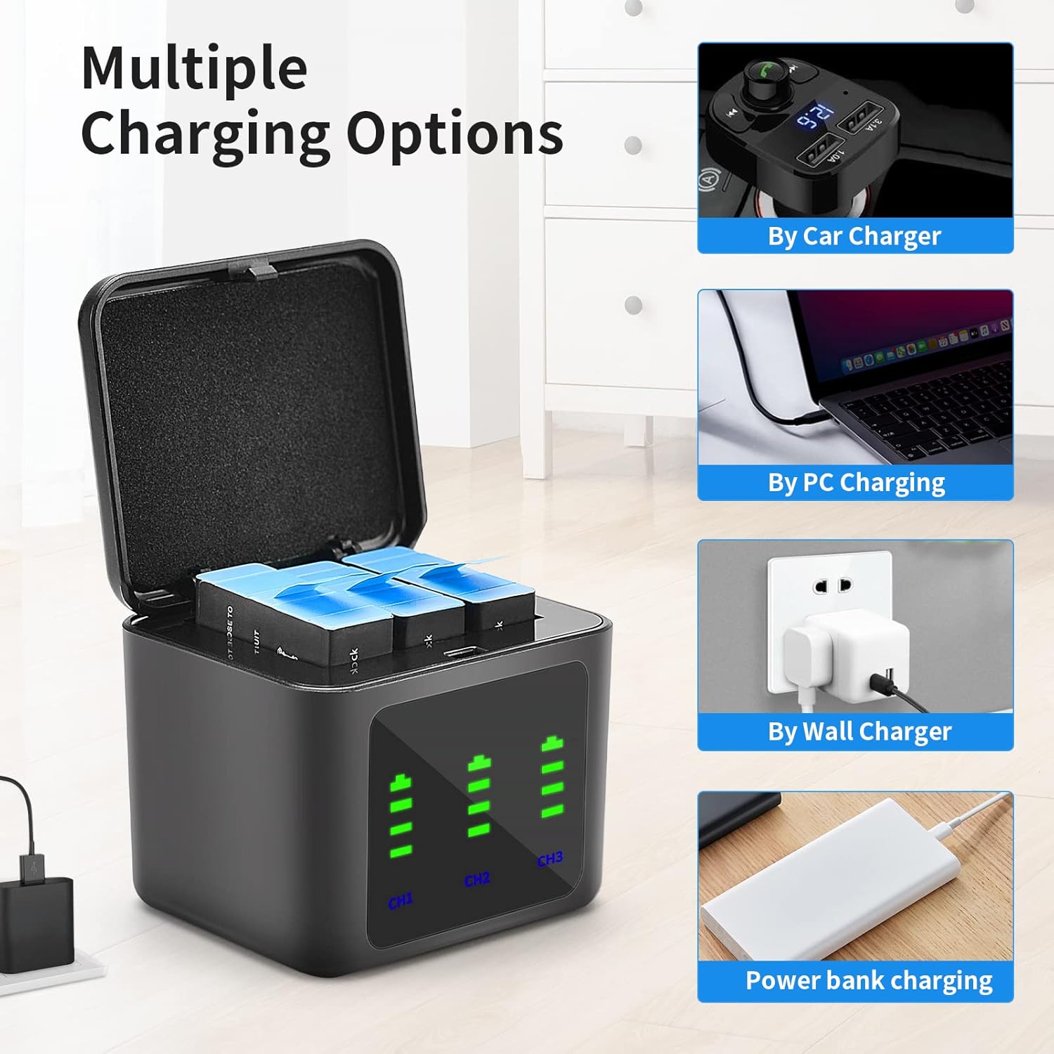 Batería recargable de repuesto para Gopro Hero 9Hero 10Hero 11 Black Camera Paquete de 3 baterías y cargador USB de 3 canales Combo