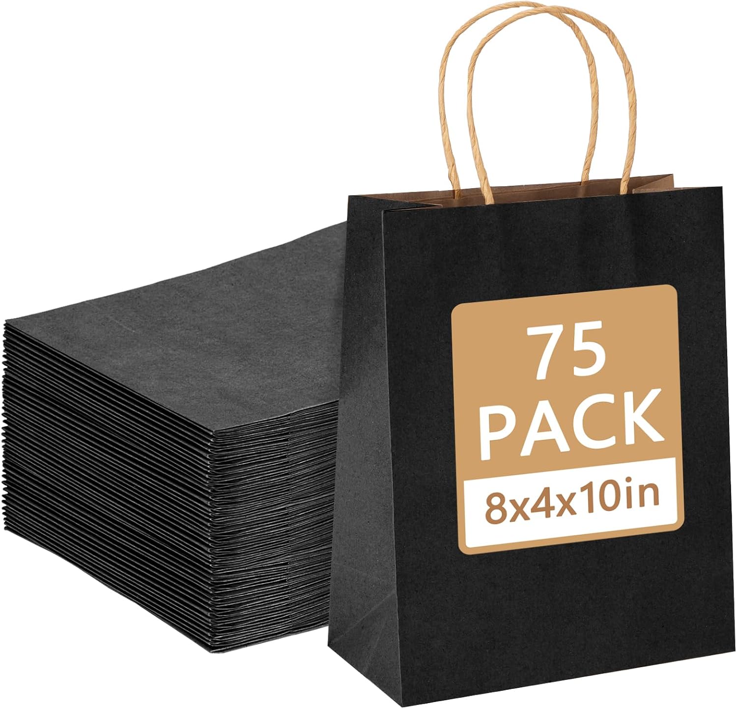 Moretoes 75 bolsas de regalo negras de 8 x 4 x 10 pulgadas, tamaño mediano a granel, bolsas de papel con asas, bolsas de regalo para pequeñas