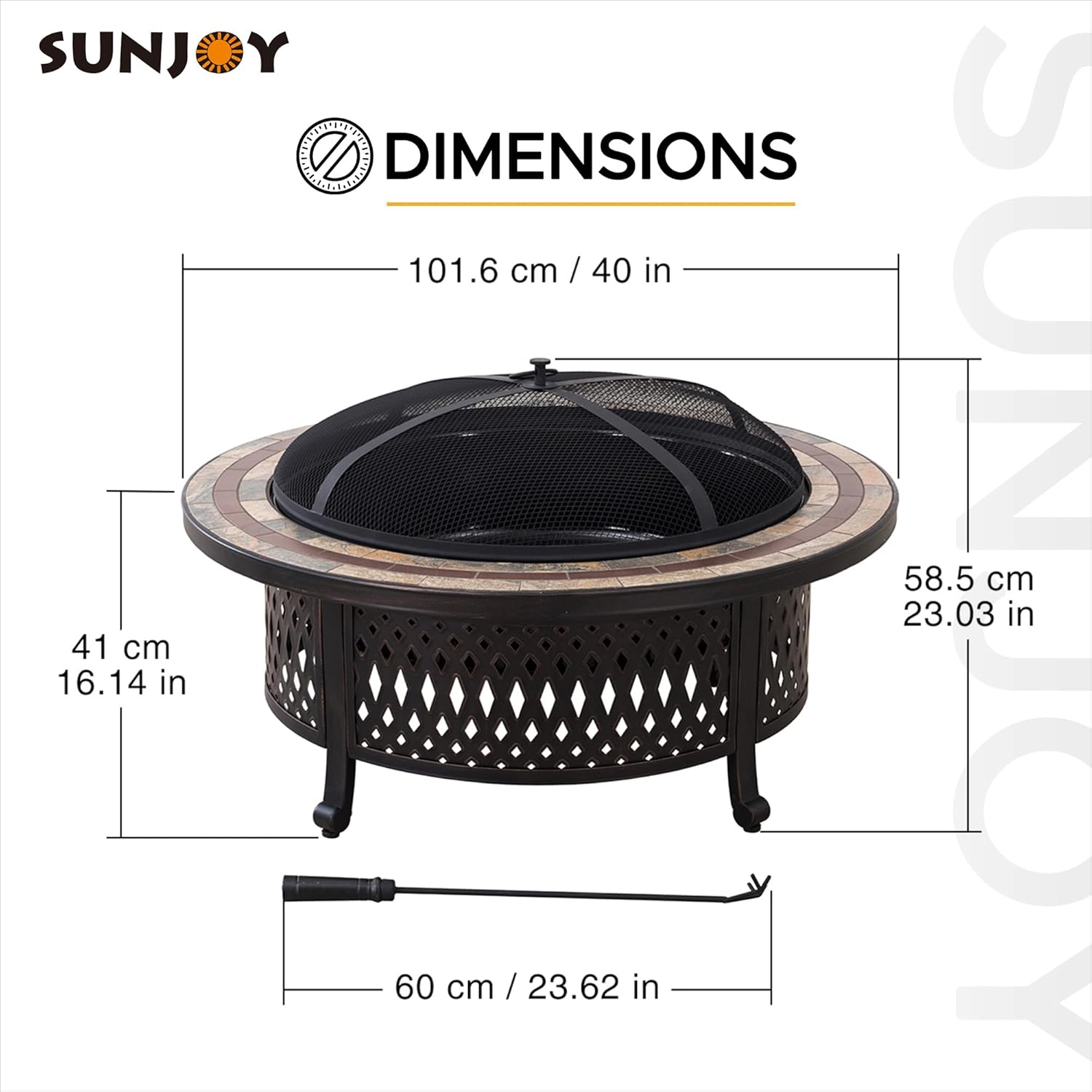 Sunjoy Pozo de fuego de 40 pulgadas para exterior, patio al aire libre, mesa redonda de leña con pantalla de chispas de malla y póquer de fuego