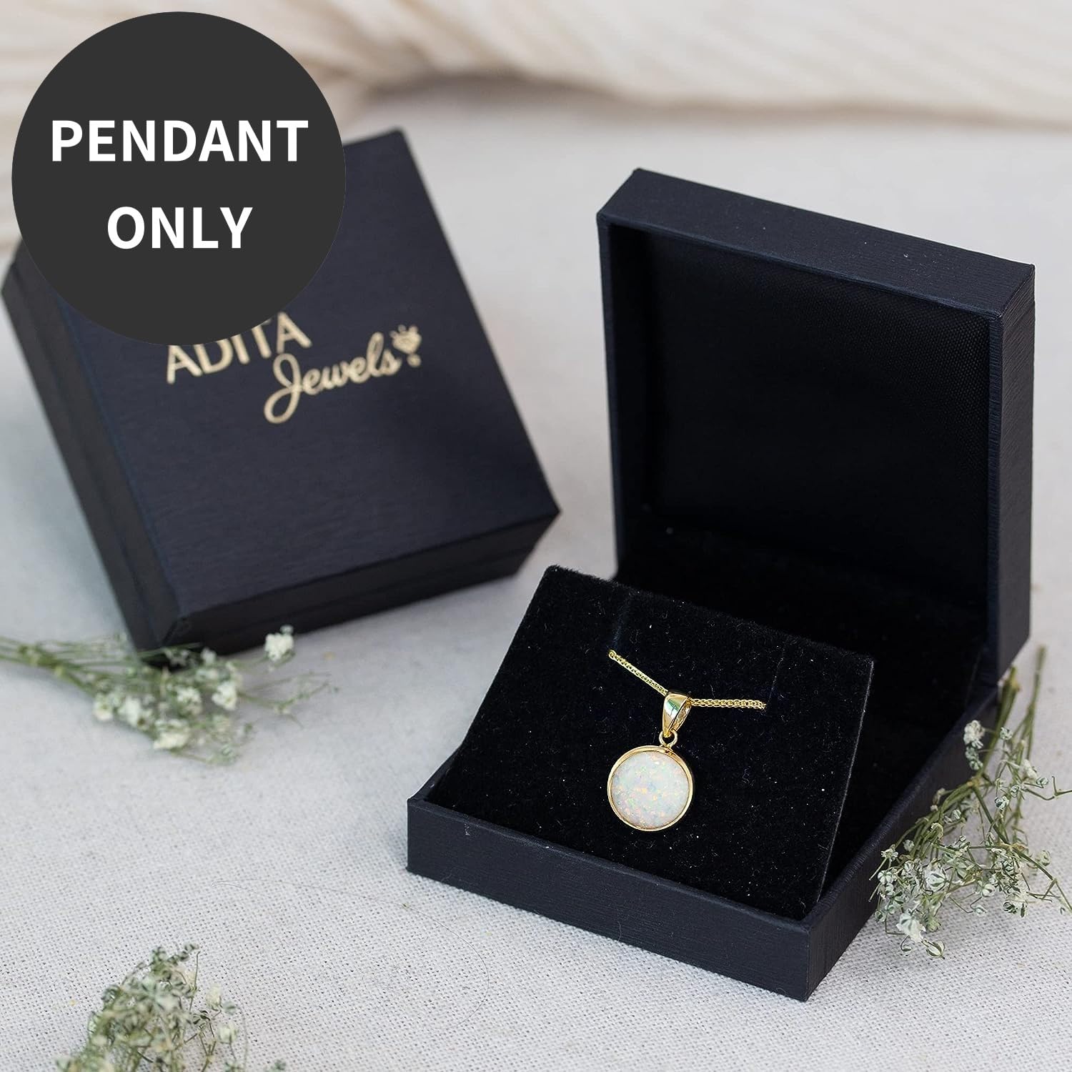 14K Gold White Opal Pendant – 14K Solid Yellow Gold Dainty Pendant with October Birthstone Pendant, 12mm Large Size Opal Gemstone – Handmade Bridal