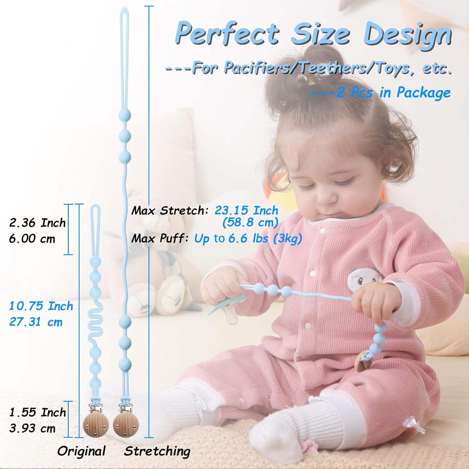 Seposeve Clip de silicona para chupete con resorte ajustable, paquete de 2 clips para chupete para bebés, niños y niñas, correas suaves y flexibles