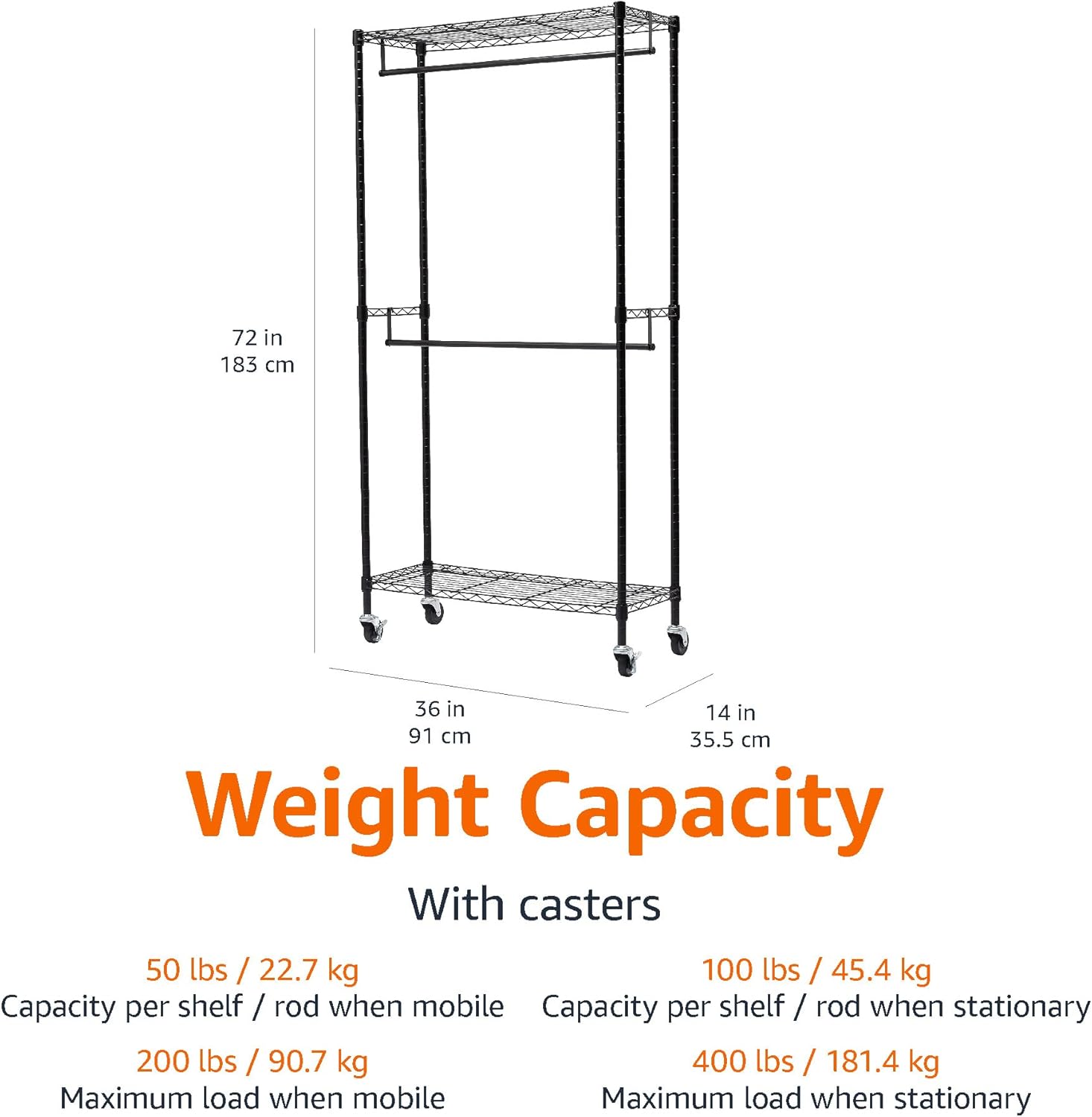 Tienda Basics Estante organizador ajustable de doble barra para colgar ropa, negro, 36 x 14 x 72 pulgadas