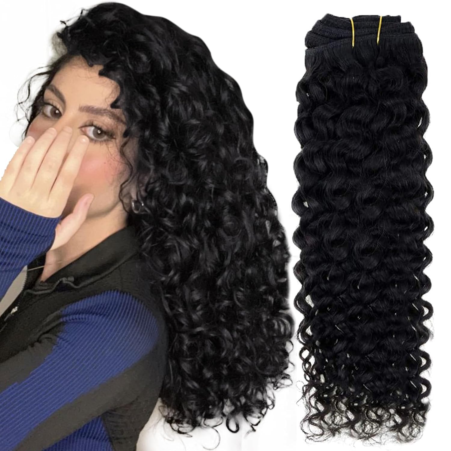 Hetto Extensiones de cabello humano rizado con clip, color negro azabache #1, extensiones de cabello humano ondulado natural con clip, extensiones