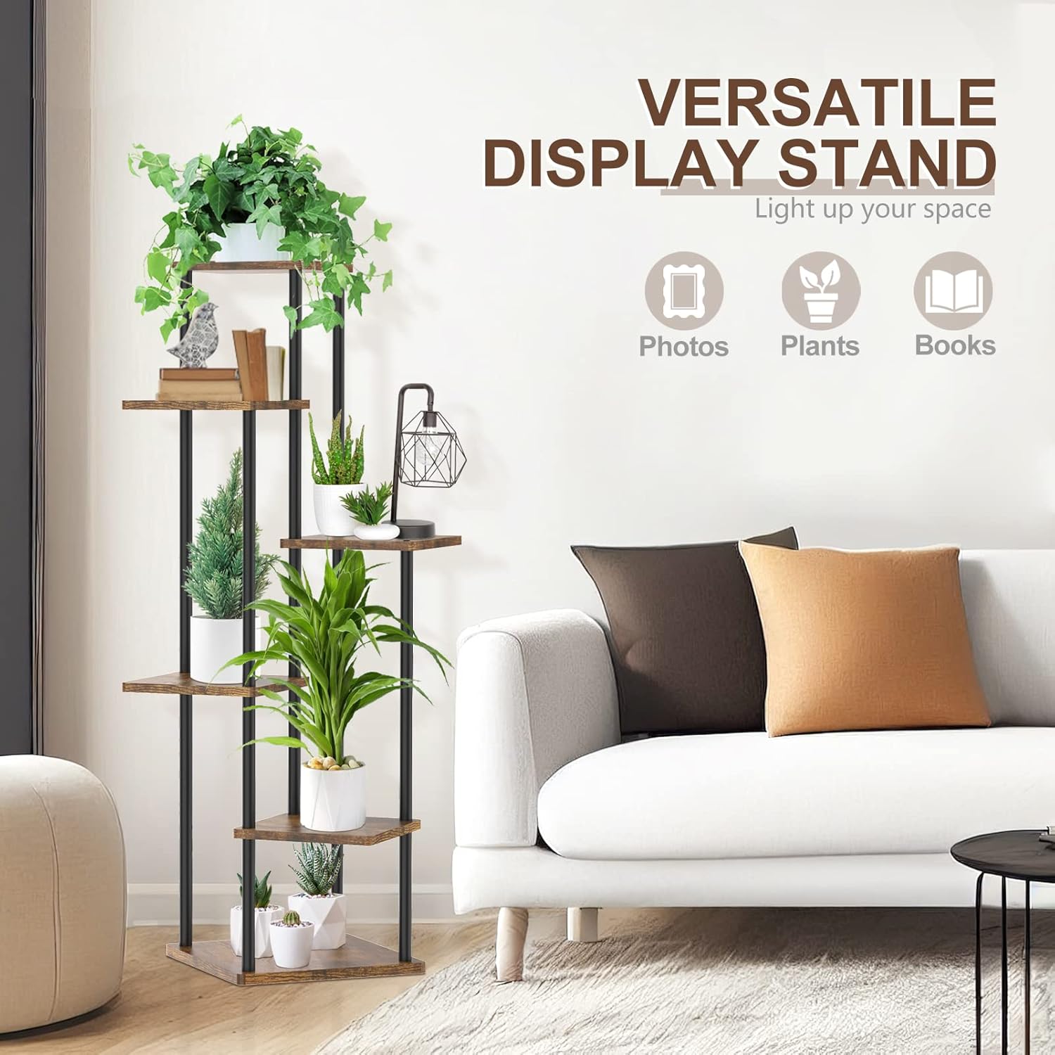 Soportes esquineros de 6 niveles altos para interiores, estante grande de metal para macetas de madera de 45 pulgadas para múltiples plantas,