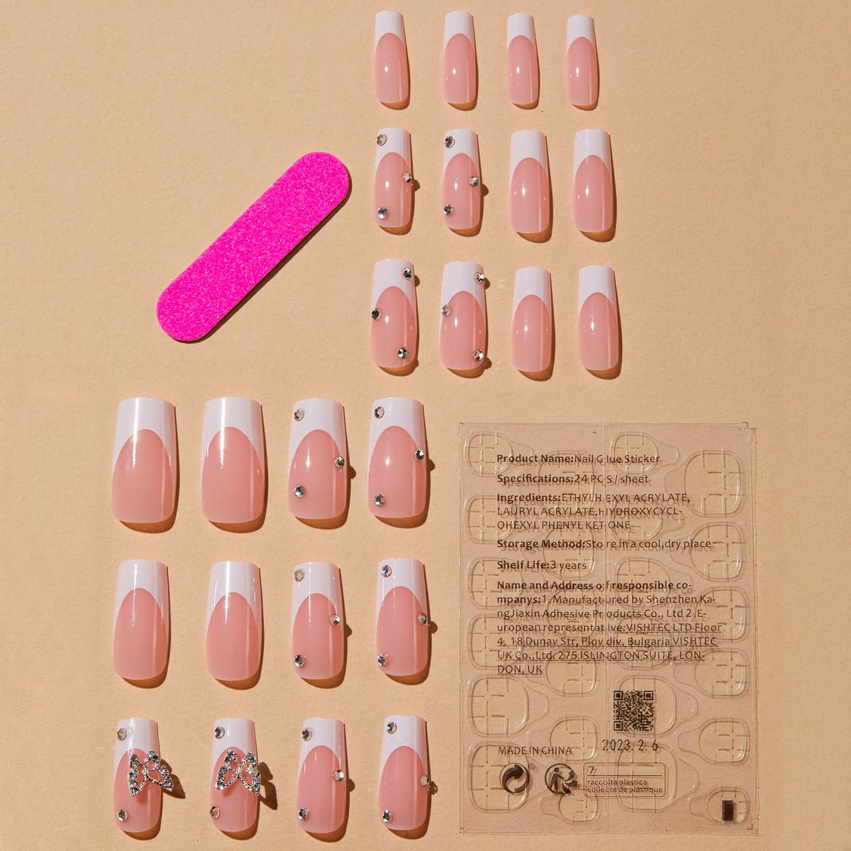LPOODDNU Uñas postizas cuadradas de punta francesa, 24 piezas de acrílico ABS rosa brillante, uñas artificiales largas con dije de mariposa y diseño