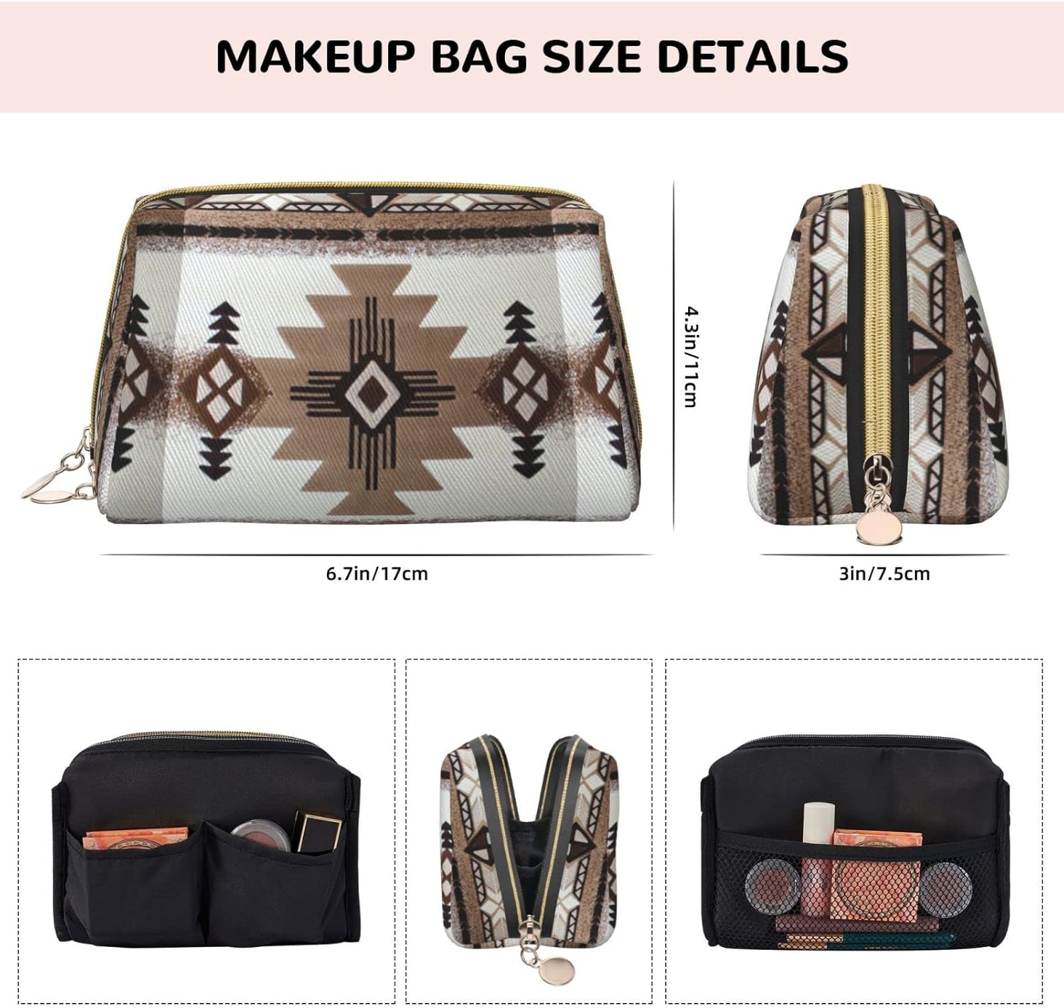 Akautosm Nativo Americano Pequeña Bolsa de Cosméticos PU Cuero Portátil Bolsa de Maquillaje Bolsa Organizador de Viaje para Artículos de Aseo de