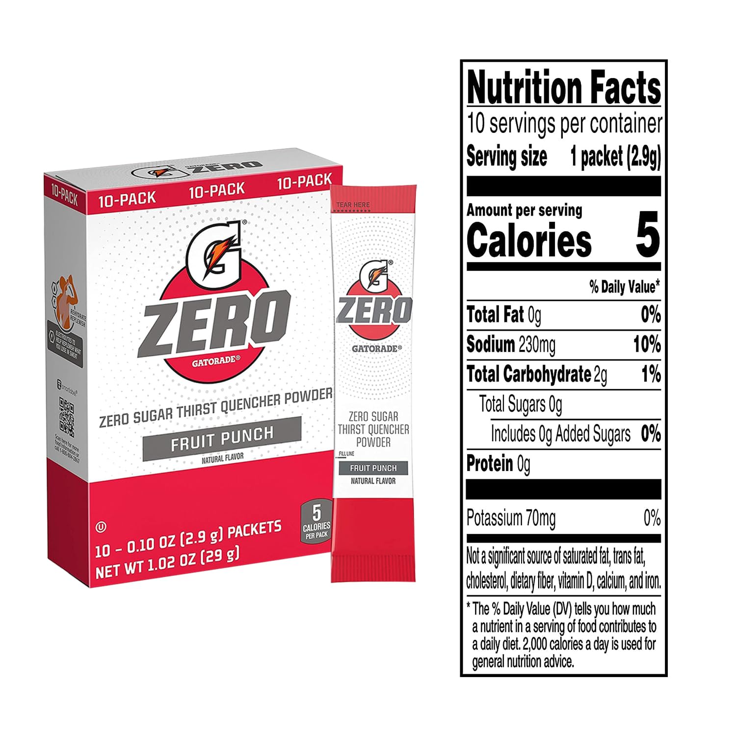 Gatorade Zero – Paquetes de polvo, ponche de frutas, 20 unidades, 0.10 onzas, paquetes de polvo Gatorade sin azúcar (2 paquetes de 10)