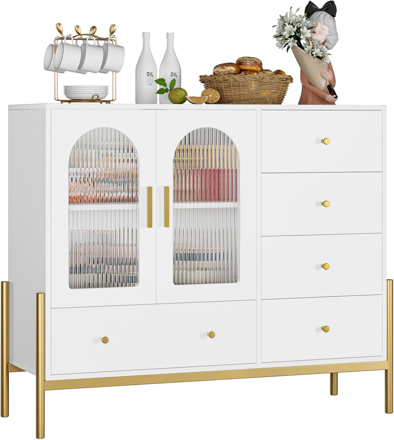 Aparador de buffet con almacenamiento, aparador de buffet, gabinete de barra de café con puertas de vidrio estriado y patas doradas, armarios de