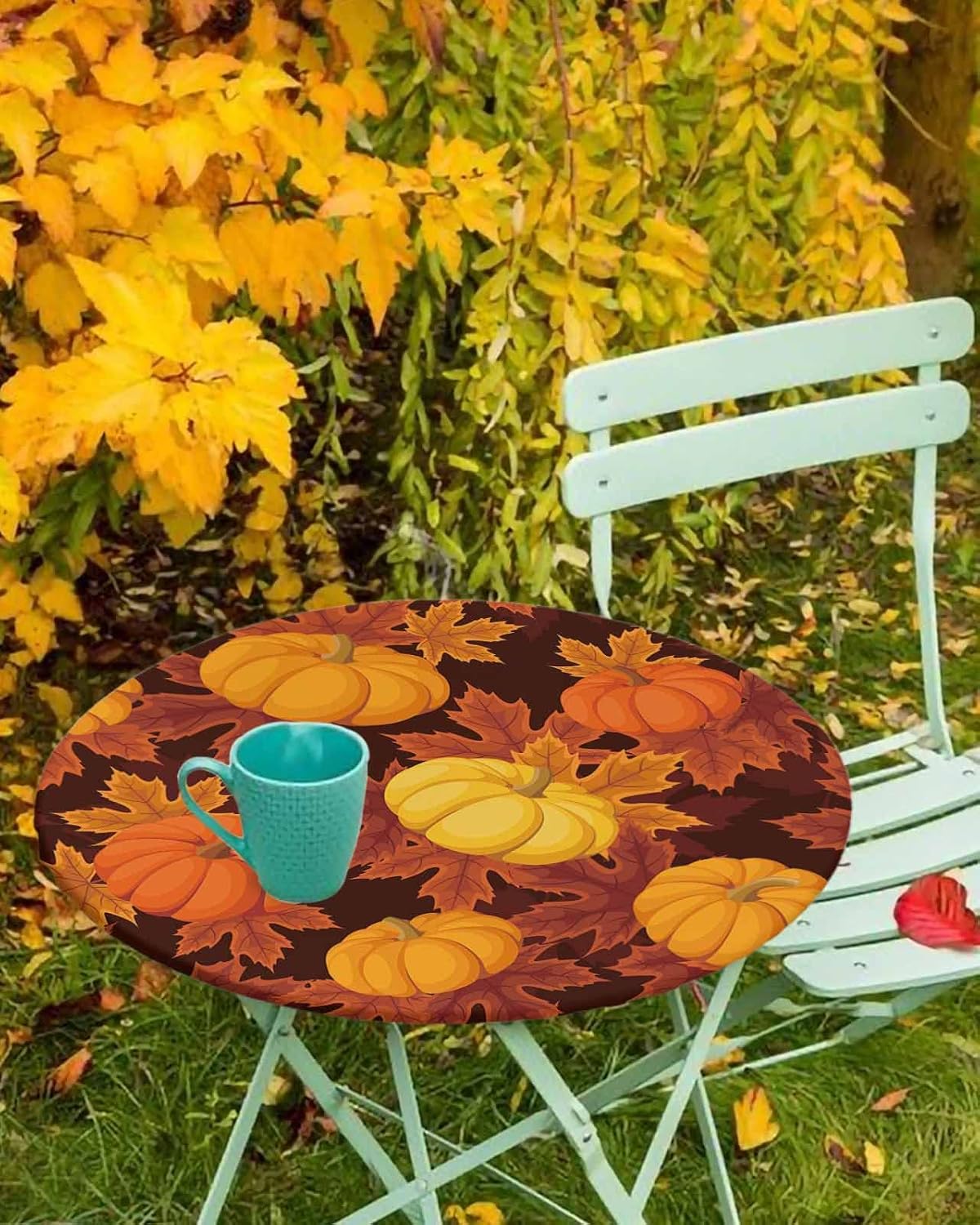 Mantel redondo ajustable con diseño de hojas de arce y calabaza de otoño, mantel con borde elástico, impermeable, mantel circular de cosecha de
