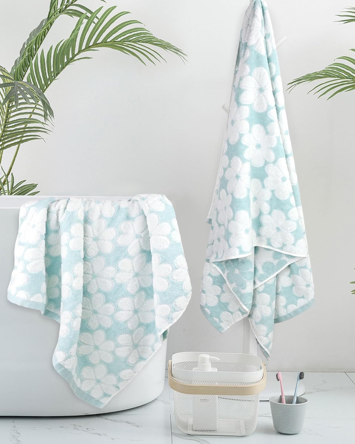 Jacquotha Juego de 2 toallas de baño de algodón para uso diario, toallas de ducha súper suaves y bonitas toallas de baño florales, toallas finas de