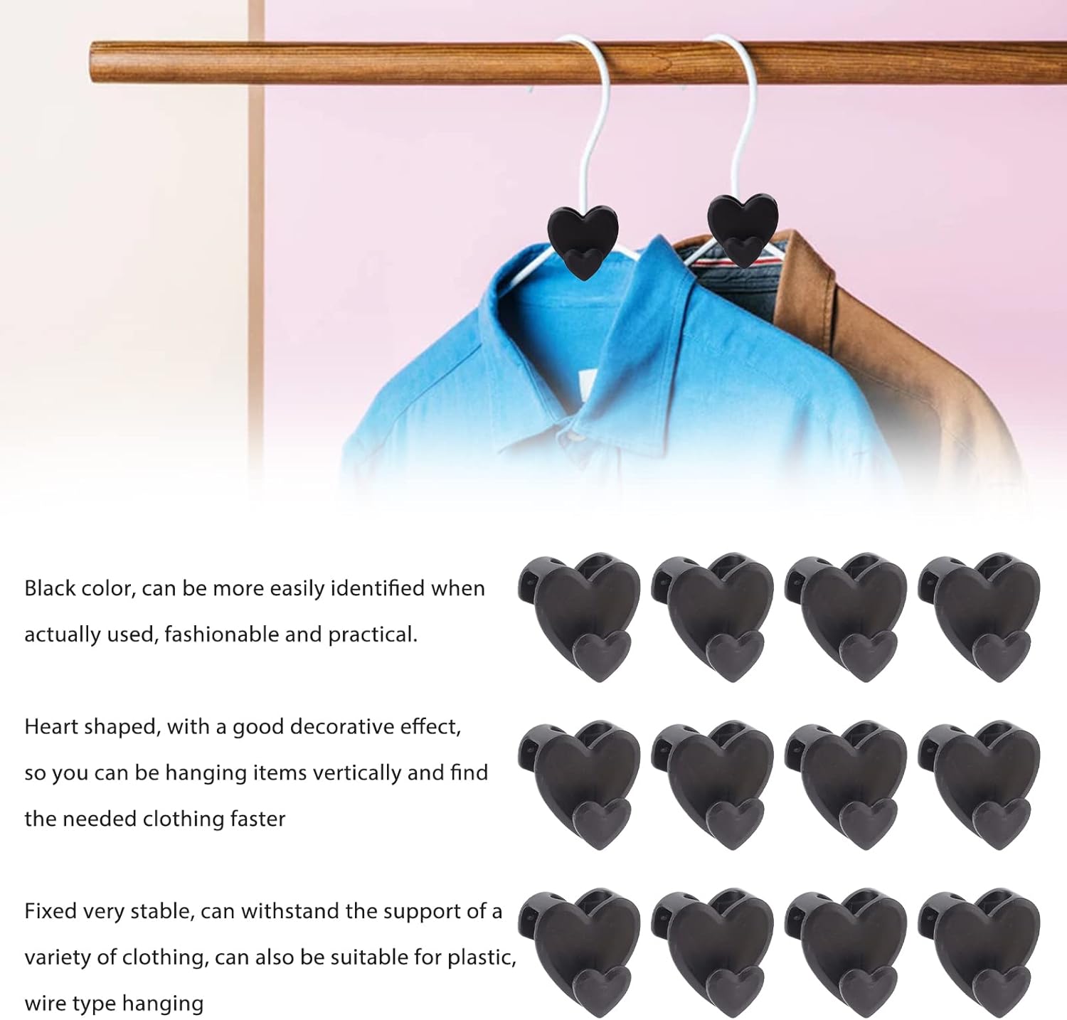 Percha de ropa con forma de corazón negro, 12 piezas, gancho para ahorrar espacio, armario, armario, ropa, ahorro de espacio