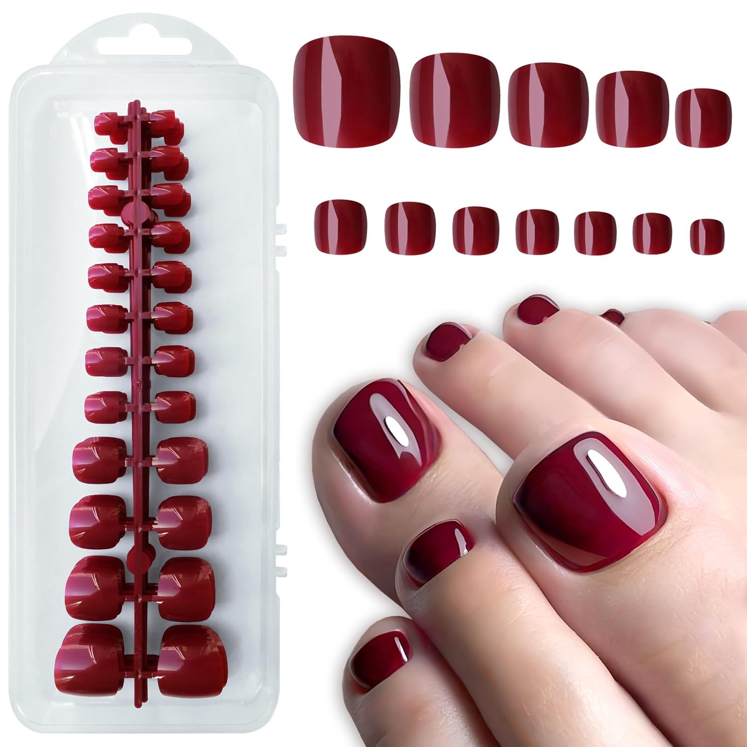 LoveOurHome Uñas postizas a presión de color rojo, cobertura completa, uñas postizas brillantes y cortas, cuadradas, 240 unidades, puntas acrílicas