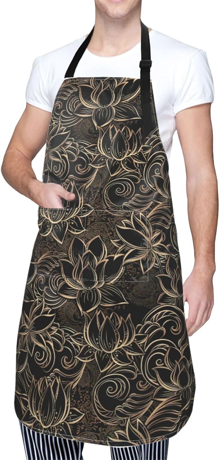 JENKEM Delantal impermeable de flores de loto dorado boho con bolsillos delantales de cocina ajustables babero de cocina para hornear hogar