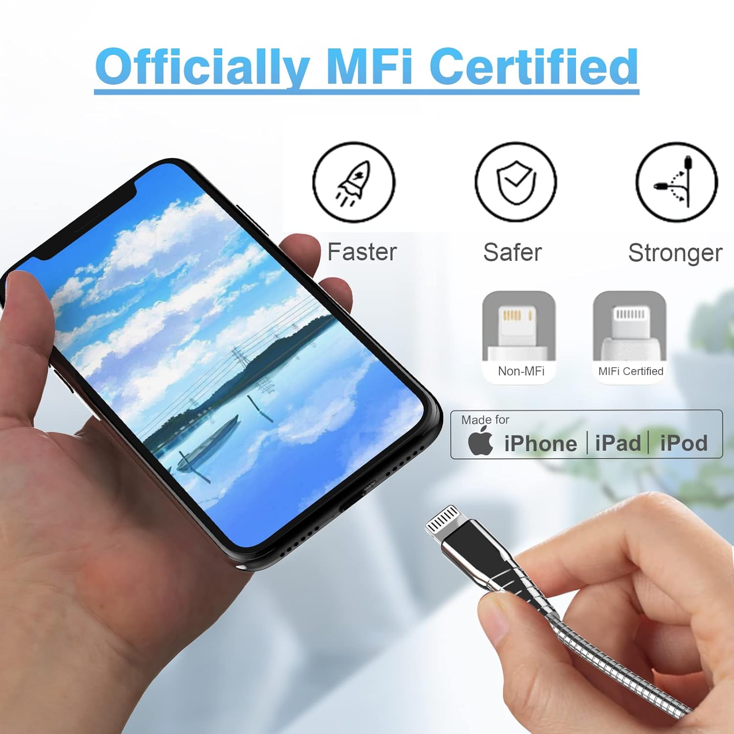 Cable de carga trenzado de metal para iPhone con certificación MFi de Apple, 6.6 pies, resistente cable Lightning de acero inoxidable 304, cable