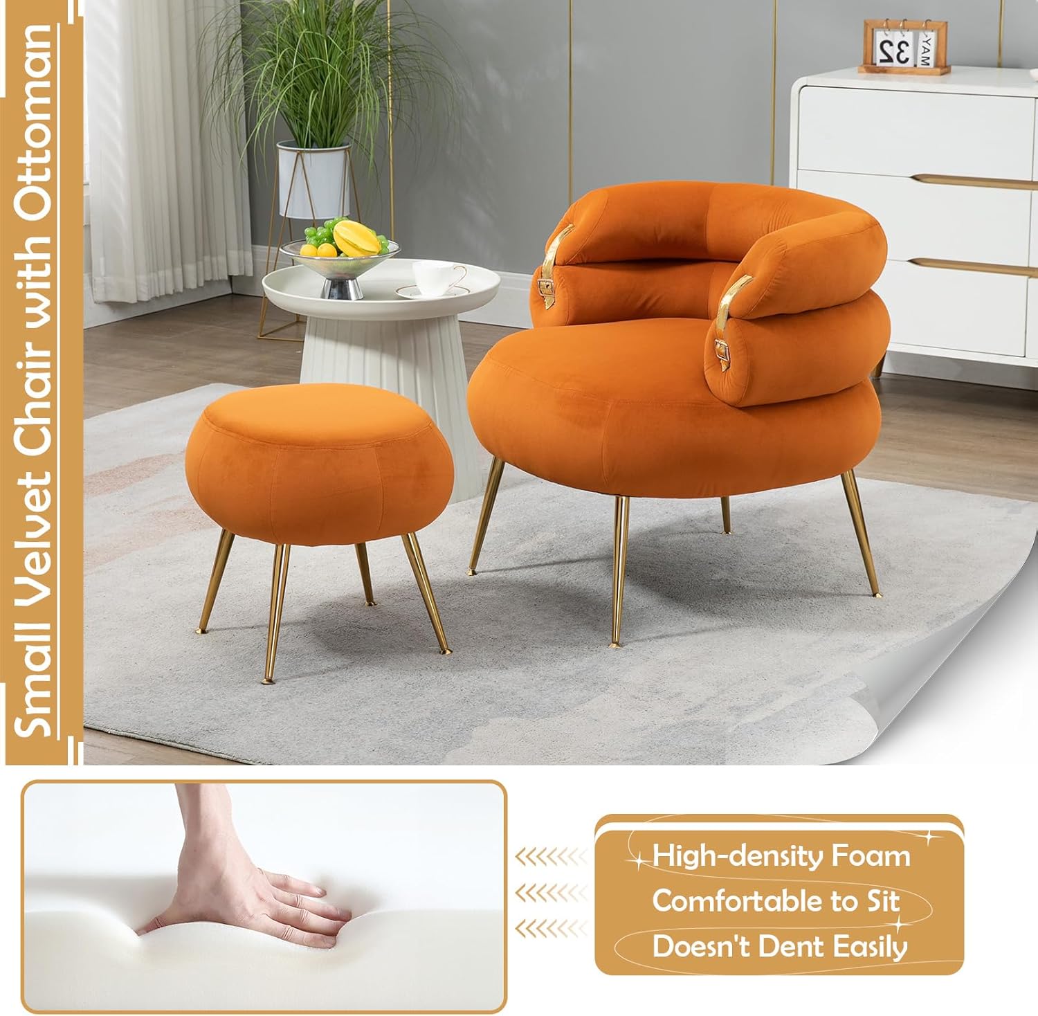 Antetek Silla decorativa moderna de terciopelo con otomana, sillón tapizado con elegante decoración dorada, cómoda silla de descanso para sala de