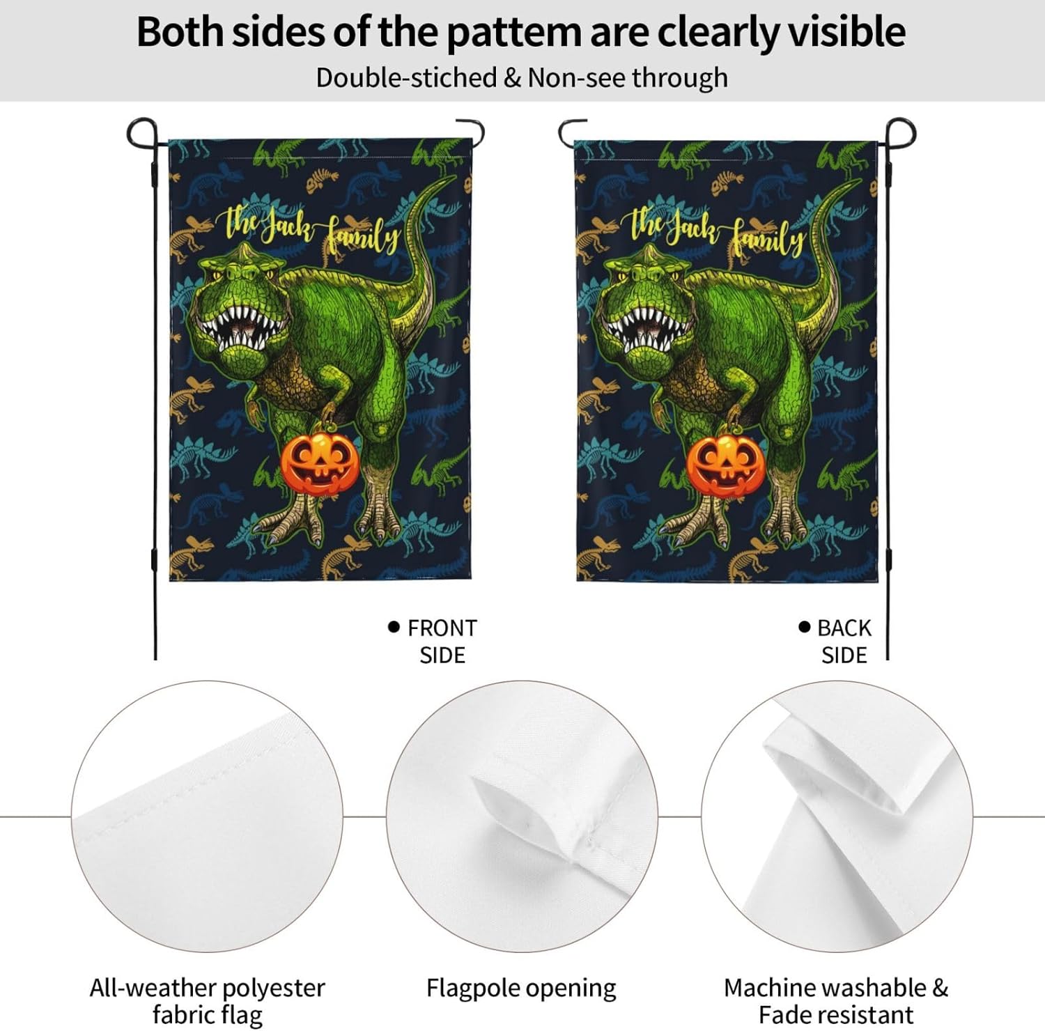 Bandera de jardín de dinosaurio personalizada con calabaza, banderas con nombre personalizado para patio exterior, decoración del hogar, pancarta de