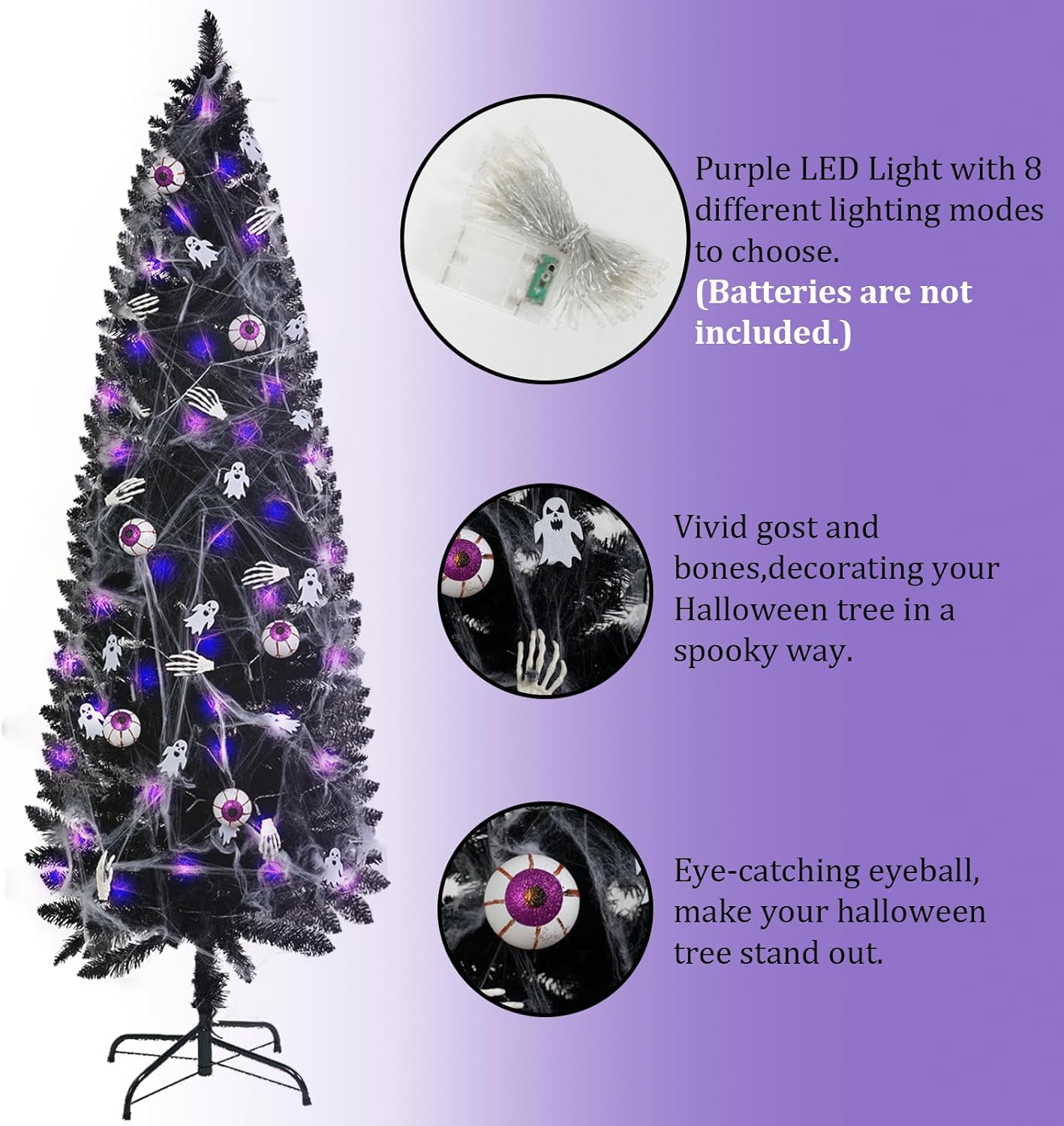 XmasExp Árbol de Navidad negro de Halloween, árbol de Navidad artificial de 5 pies con luces LED moradas, 8 modos de iluminación, tela de araña,