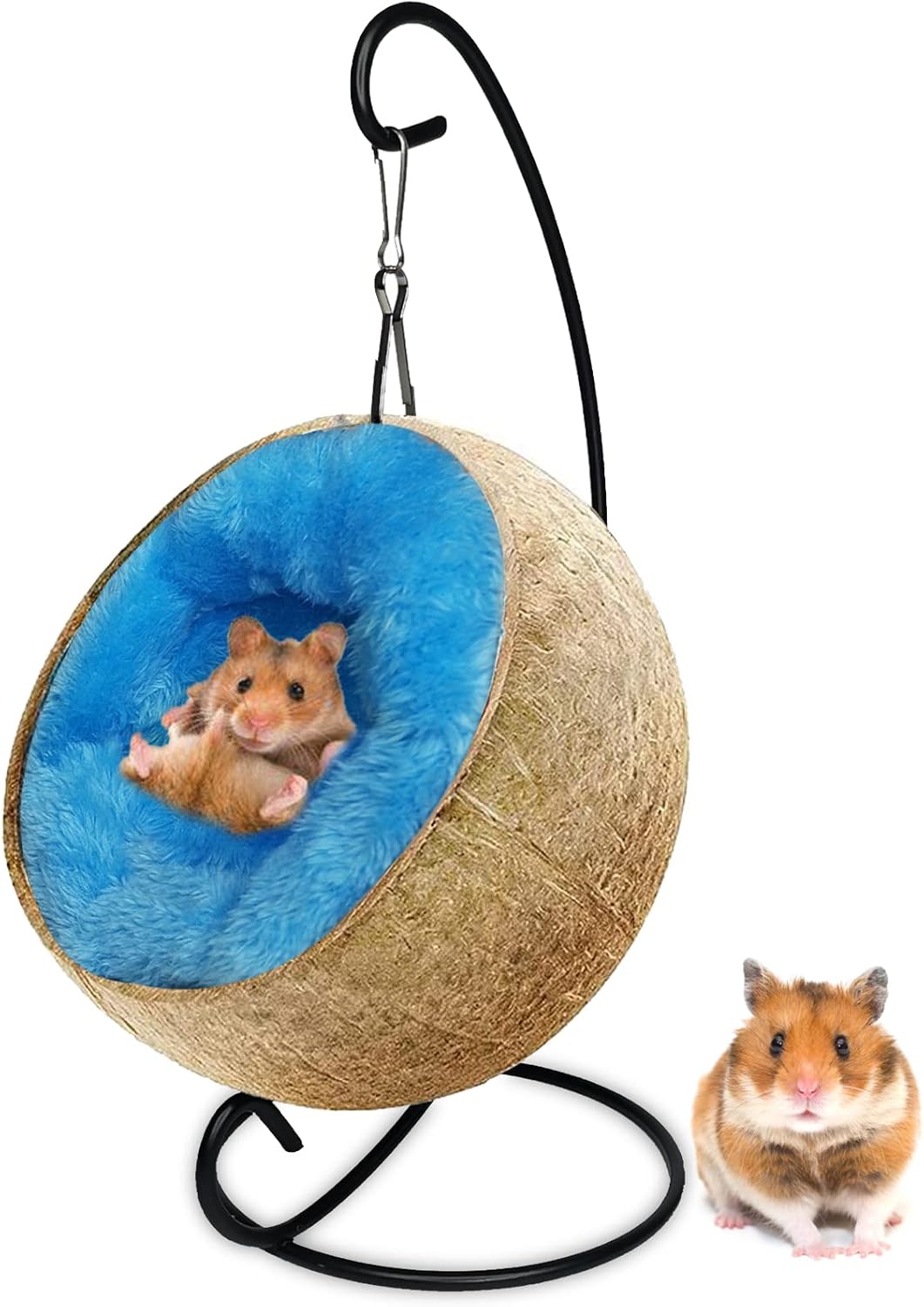 Fhiny Hamaca escondida de hámster de coco, casa de cama de cáscara de coco cruda natural con almohadilla cálida, decoración de hábitat de animales