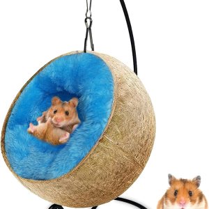 Fhiny Hamaca escondida de hámster de coco, casa de cama de cáscara de coco cruda natural con almohadilla cálida, decoración de hábitat de animales Fhiny Hamaca escondida de hámster de coco, casa de cama de cáscara de coco cruda natural con almohadilla cálida, decoración de hábitat de animales