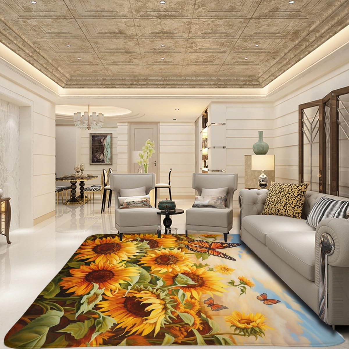ARRUDA Alfombra antideslizante de girasol, girasol y mariposa, alfombra de área para cocina, dormitorio, sala de estar, decoración de habitación de