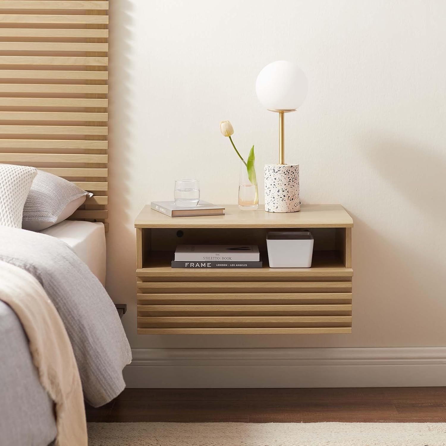 Modway Render Mid-Century – Mesita de noche moderna para montaje en pared, roble