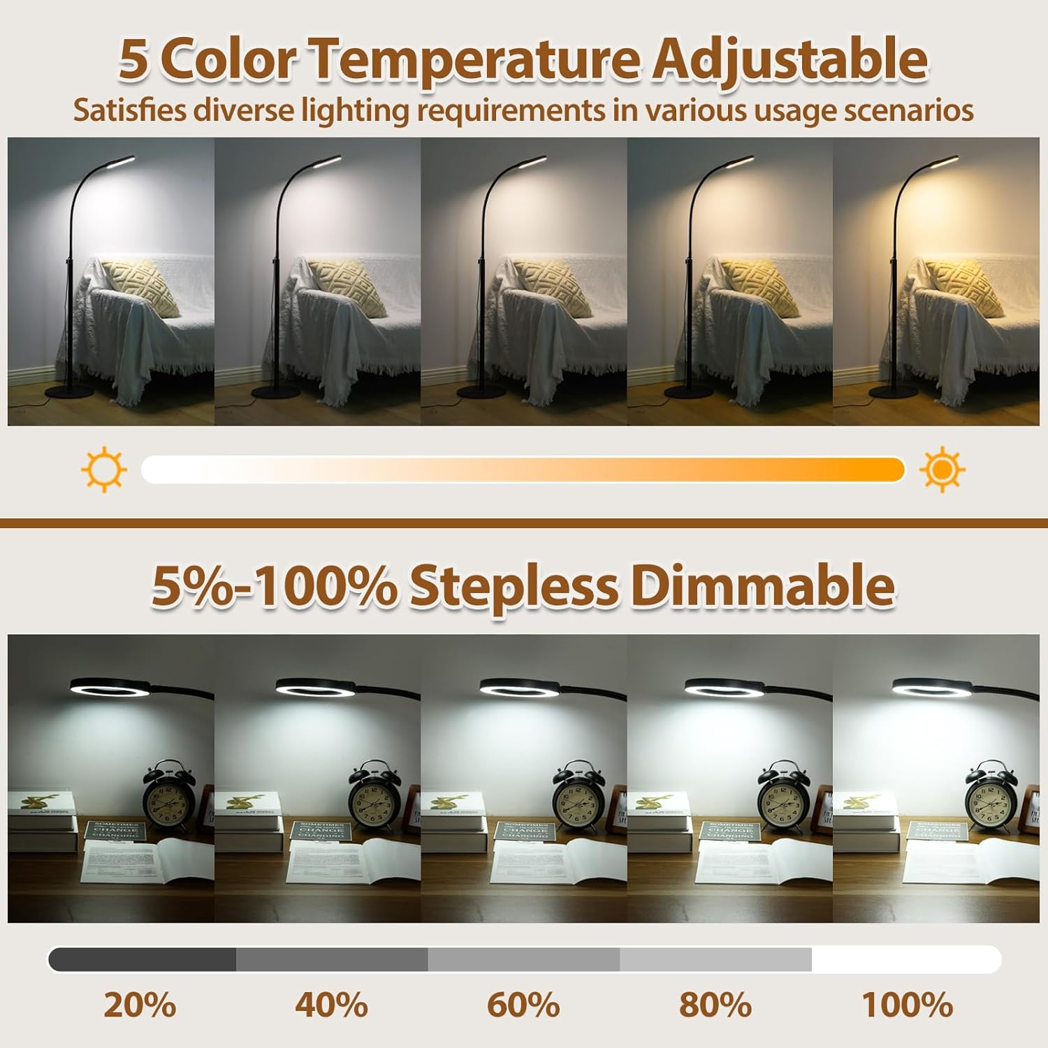 Lupa 5X con luz y soporte, lámpara de pie flexible de cuello de cisne de 24 pulgadas, 3 en 1, LED 3 en 1, 5 modos de color, lupa iluminada regulable