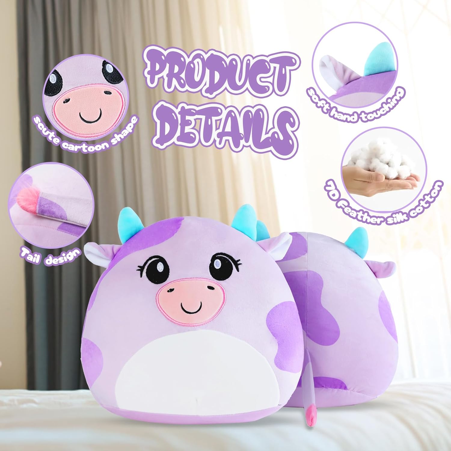 Almohada de felpa de vaca de 12 pulgadas, felpa ultrasuave, juego de almohada de peluche suave Kawaii para niños y niñas, animal de peluche de vaca,