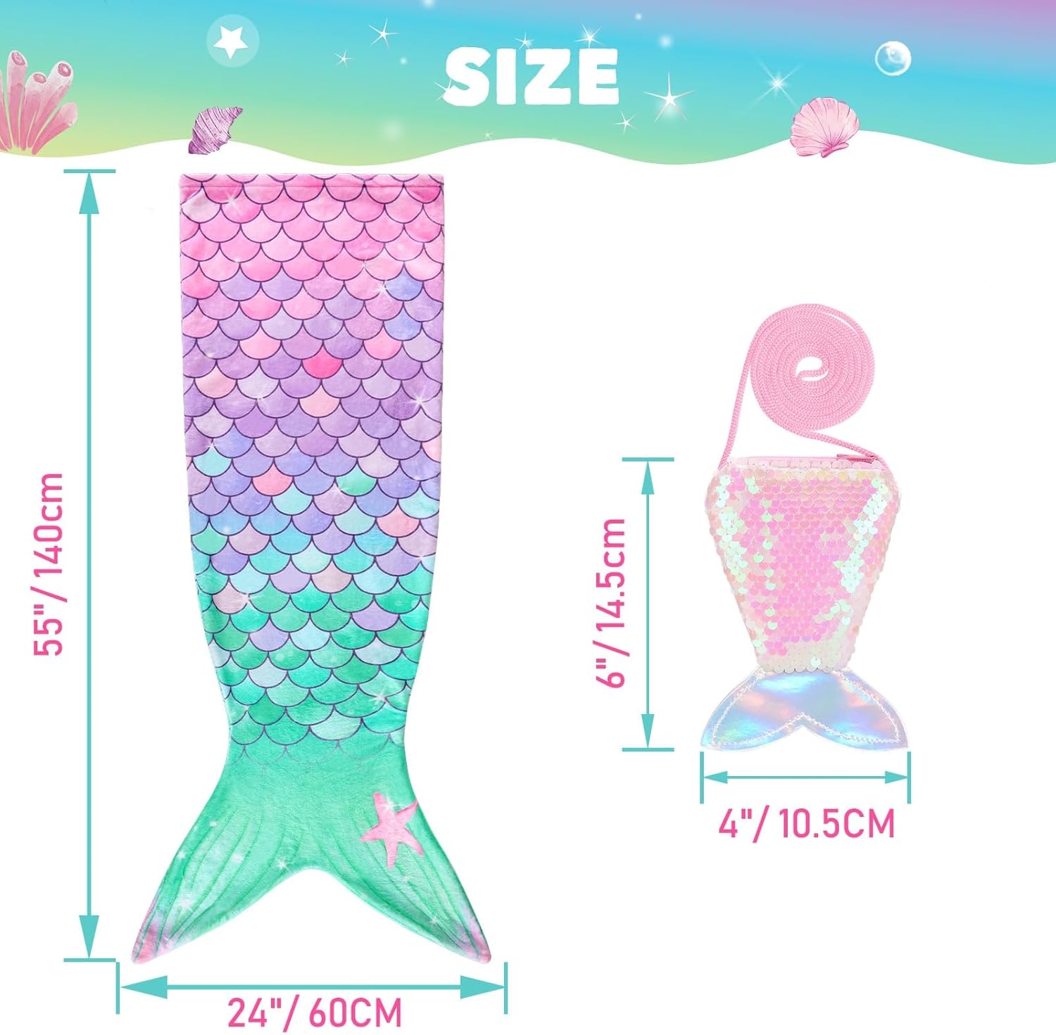 Manta de cola de sirena para niñas y niños, manta de sirena con monedero, manta de franela suave para acurrucarse, juego de regalo de cumpleaños