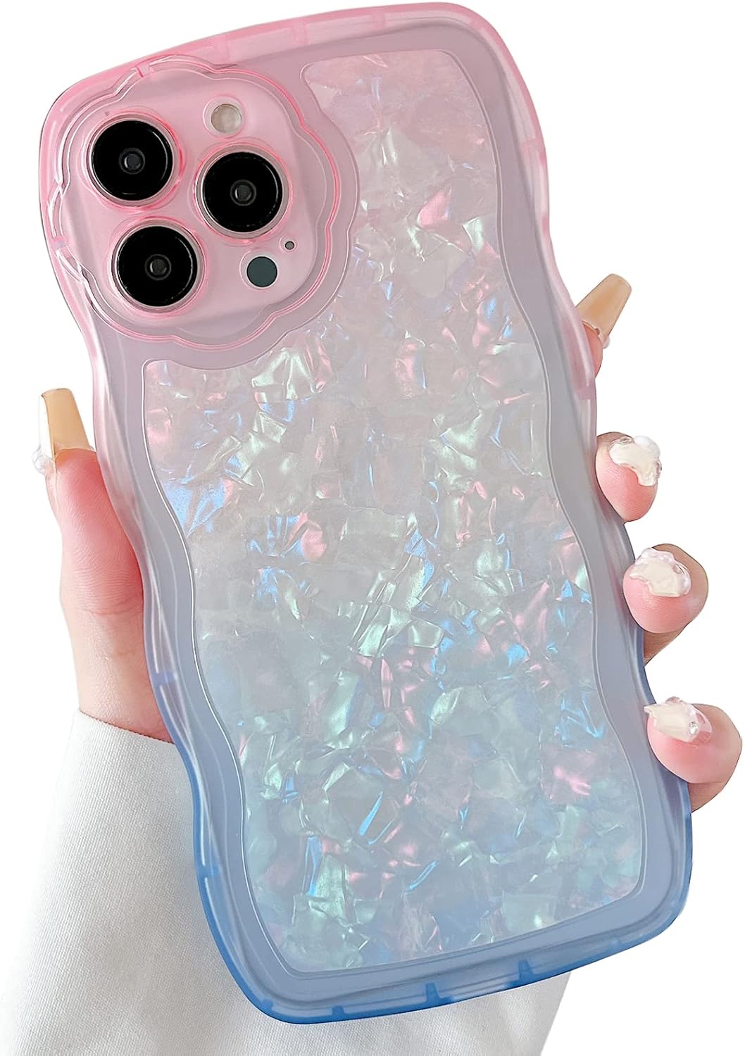 Qokey Funda transparente con diseño de flores, con marco ondulado rizado, suave, delgada, a prueba de golpes, antihuellas, resistente a la suciedad,
