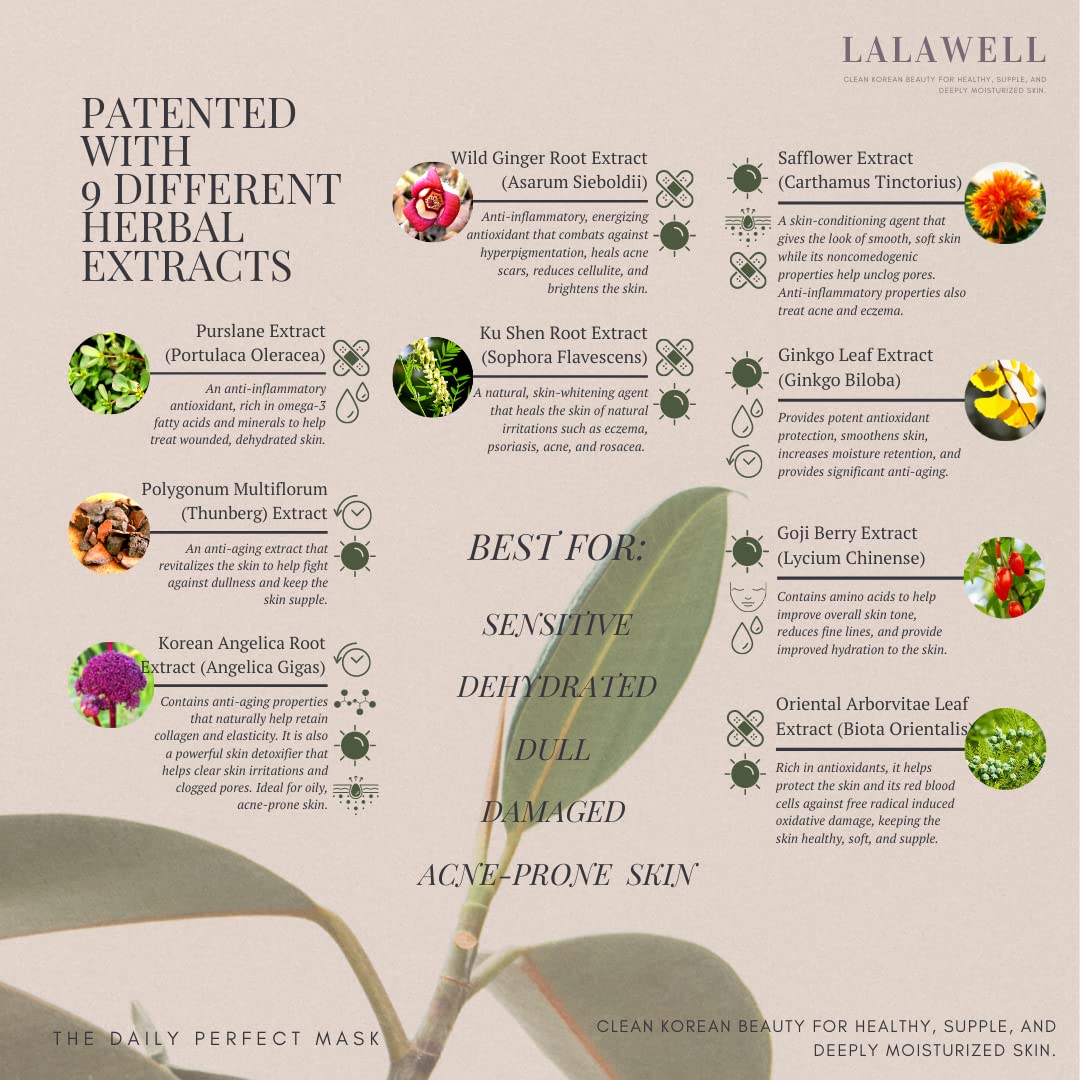 LALAWELL Mascarilla facial coreana  Máscara perfecta para el día a día, máscara de hoja de alta calidad, profundamente hidratante, iluminadora y