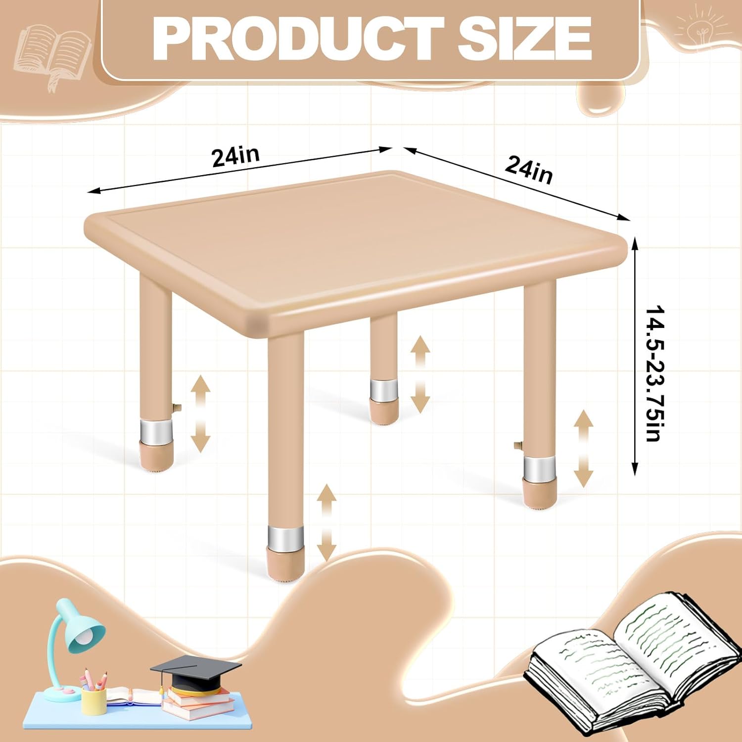 Mesa de plástico para aula de 24 pulgadas, mesa de actividades cuadrada de altura ajustable, muebles de aula, escritorio de actividades impermeable