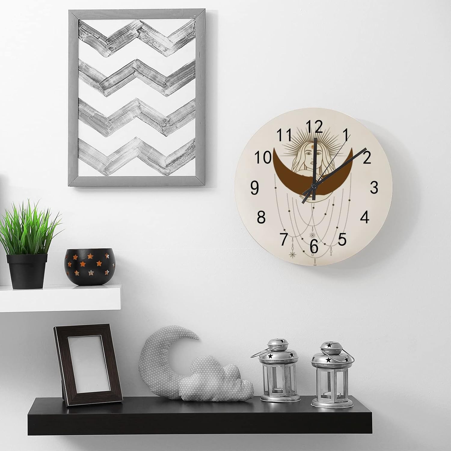Reloj de pared de madera con pilas, silencioso, sin tictac, dibujado a mano, mujer mística, sol, luna, estrella, reloj redondo y preciso, sala de