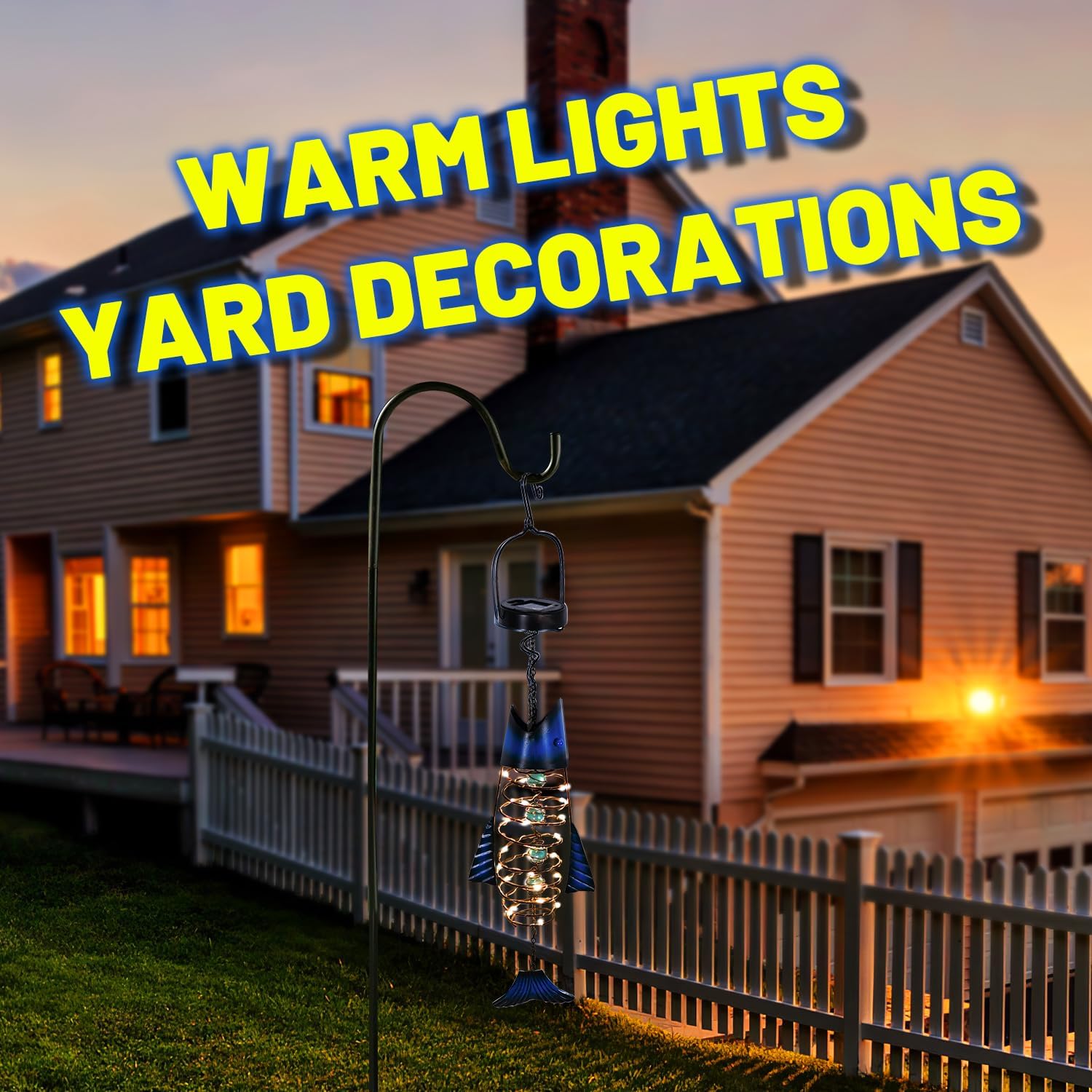 HONGLAND Paquete de 2 faroles solares para exteriores  Decoración colgante de peces de metal  Luces LED cálidas impermeables para exteriores