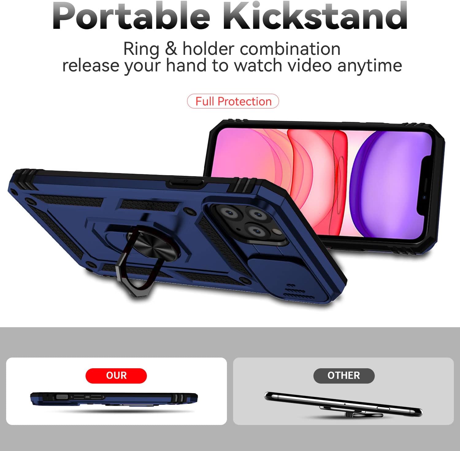 YZOK Funda para iPhone 11 Pro Max con cubierta deslizante para cámara + protector de pantalla HD, soporte de anillo giratorio de grado militar a