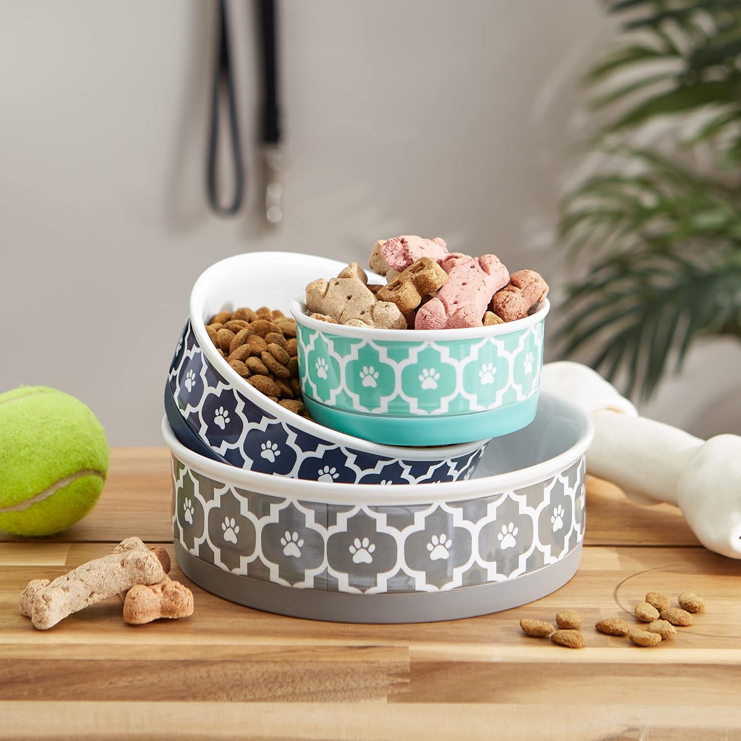 Recipiente y tazón para mascotas Bone Dry Lattice Collection, juego pequeño, 4.25×2 pulgadas, gris, 2 unidades