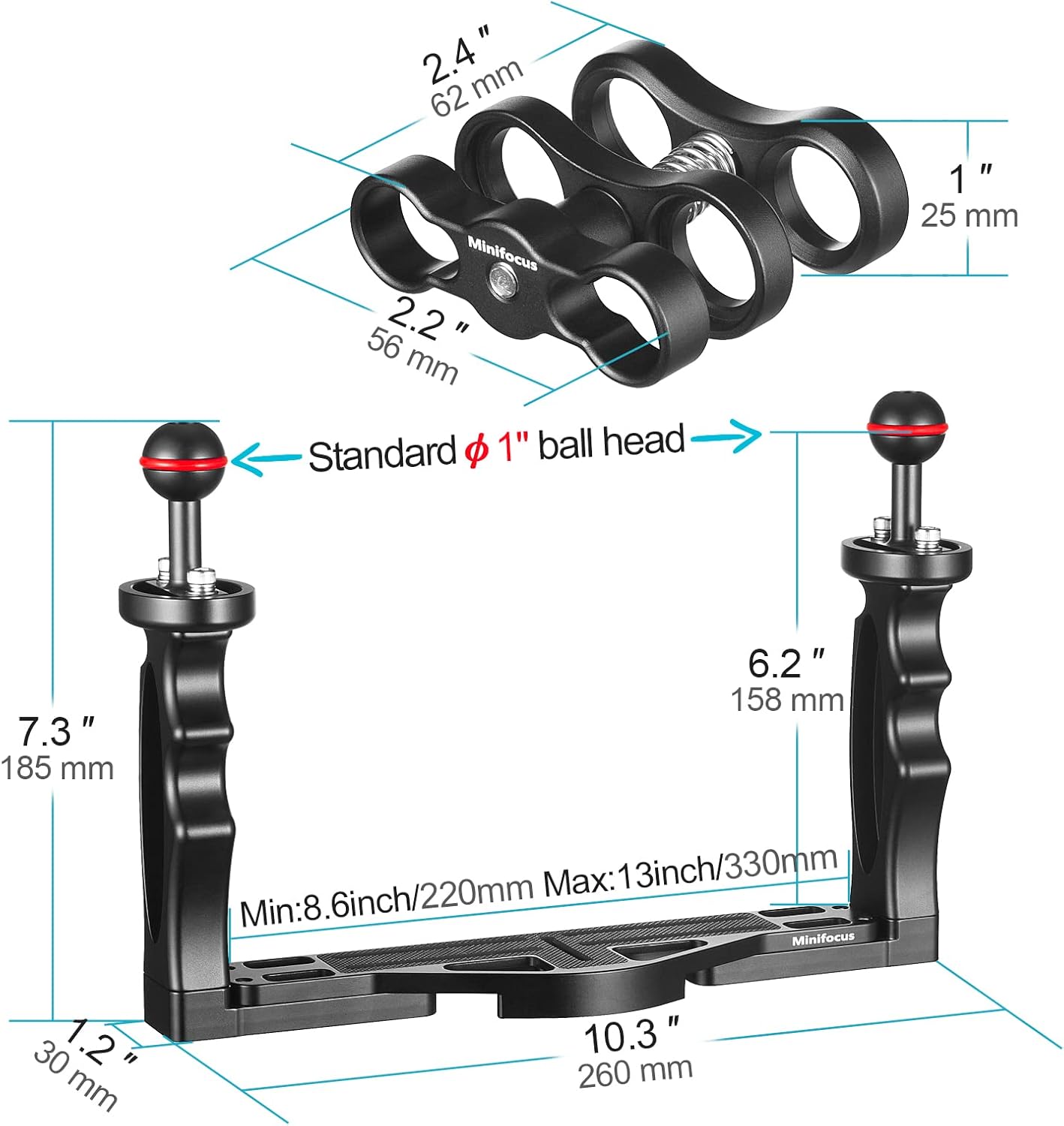 Soporte de bandeja de cámara subacuática y 2 piezas de brazo flotante submarino de fibra de carbono