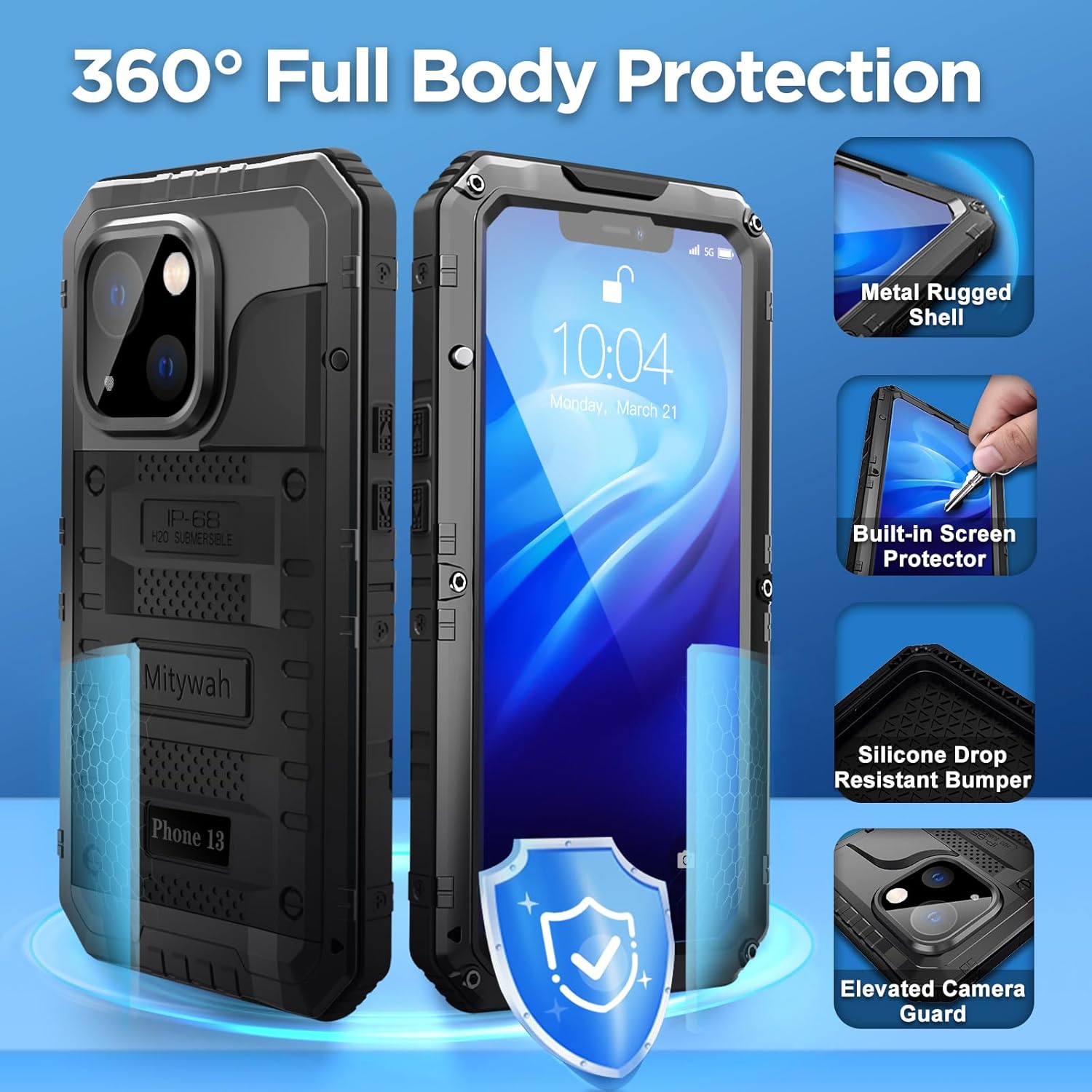Mitywah Funda impermeable para iPhone 13, funda de metal resistente de grado militar, funda protectora de pantalla integrada a prueba de golpes,