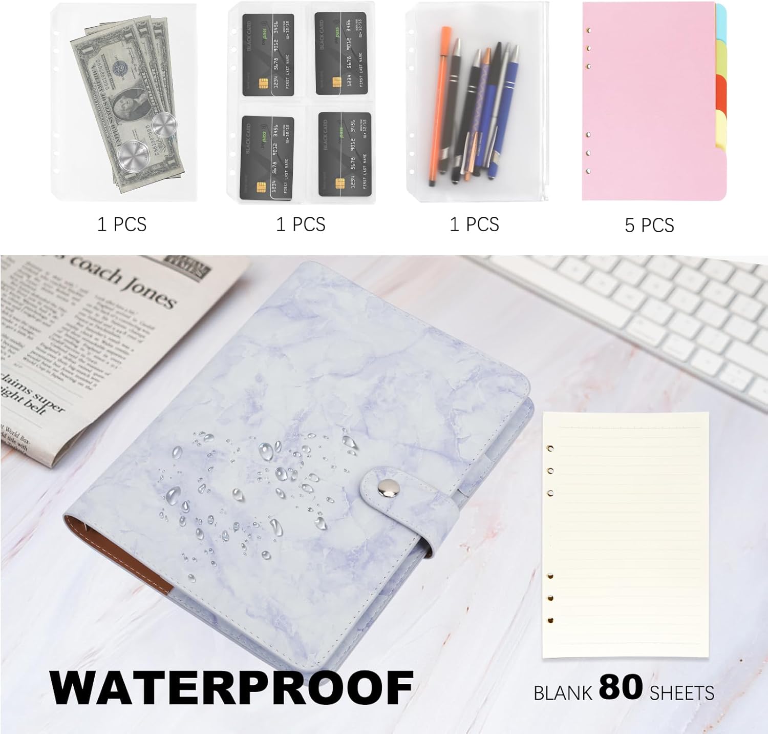FYY Carpeta de cuero A5 con 6 anillas, cuaderno recargable A5 con bolsillos para carpeta, divisores A5, papel de repuesto A5, carpeta de viaje de