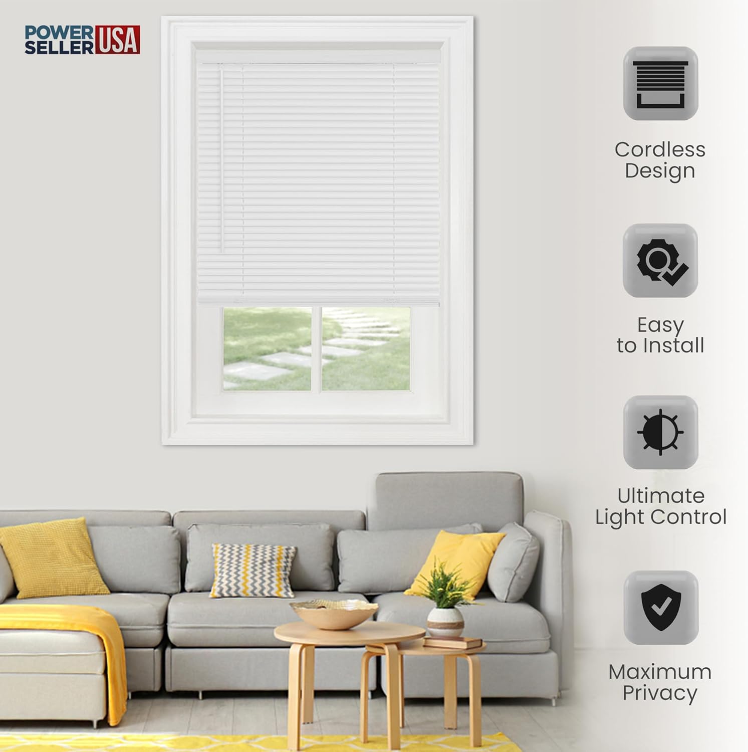 PowerSellerUSA Persianas sin cordones, privacidad y filtro de luz, listones de 1 pulgada de vinilo, tratamiento de ventana anti-UV, se adapta a