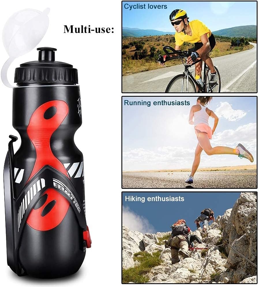 Botella de agua para bicicleta, botella de agua deportiva de 22.0 fl oz con soporte de jaula para bicicleta de montaña (negro)