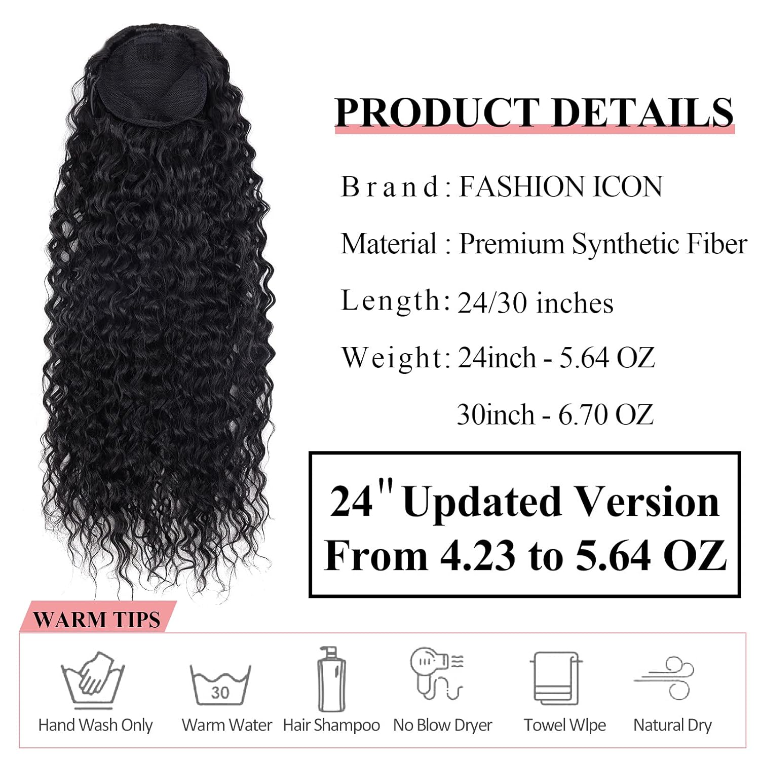Extensión de cola de caballo larga y rizada con cordón de 24 pulgadas, extensiones de cola de caballo sintética con clip para mujeres negras (1#)