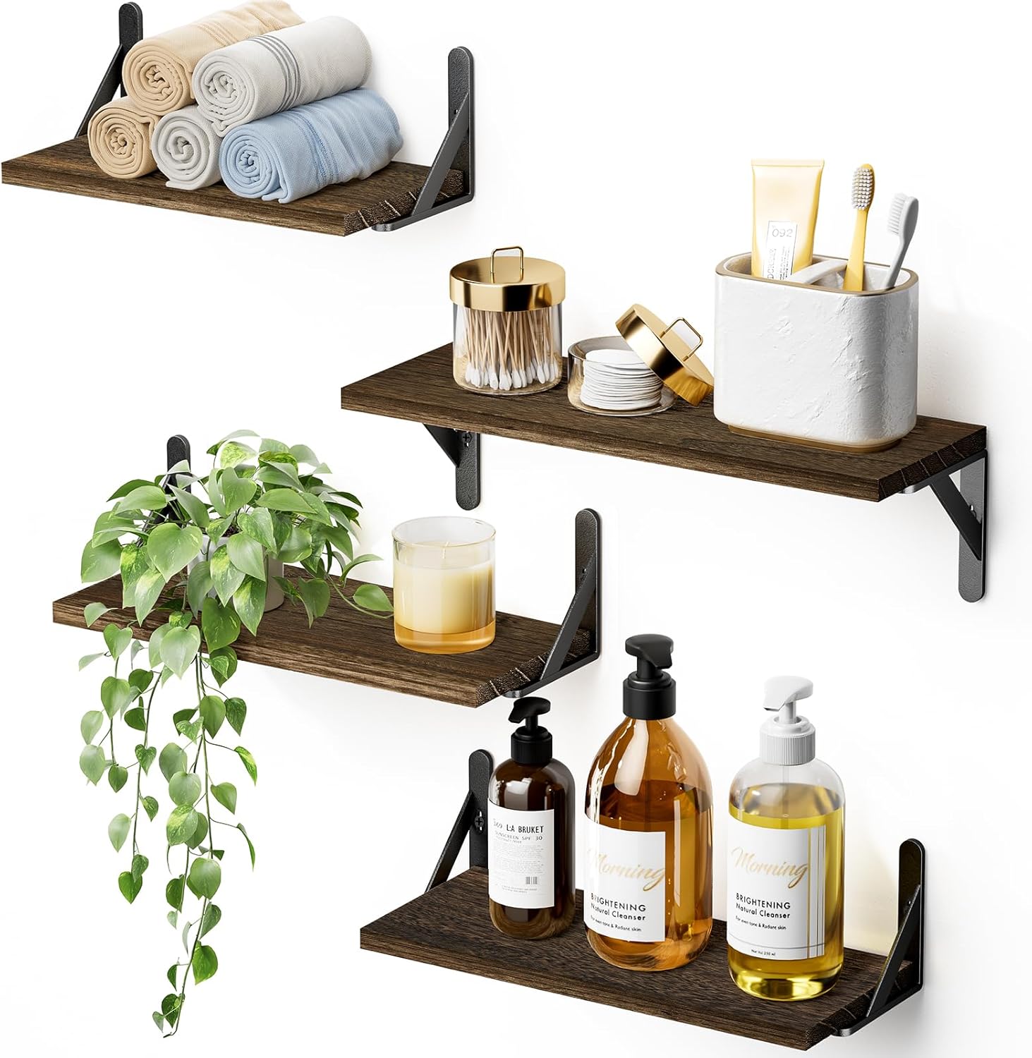 AMADA HOMEFURNISHING Juego de 4 estantes flotantes para montar en la pared, estantes de madera para decoración de pared, estante de almacenamiento