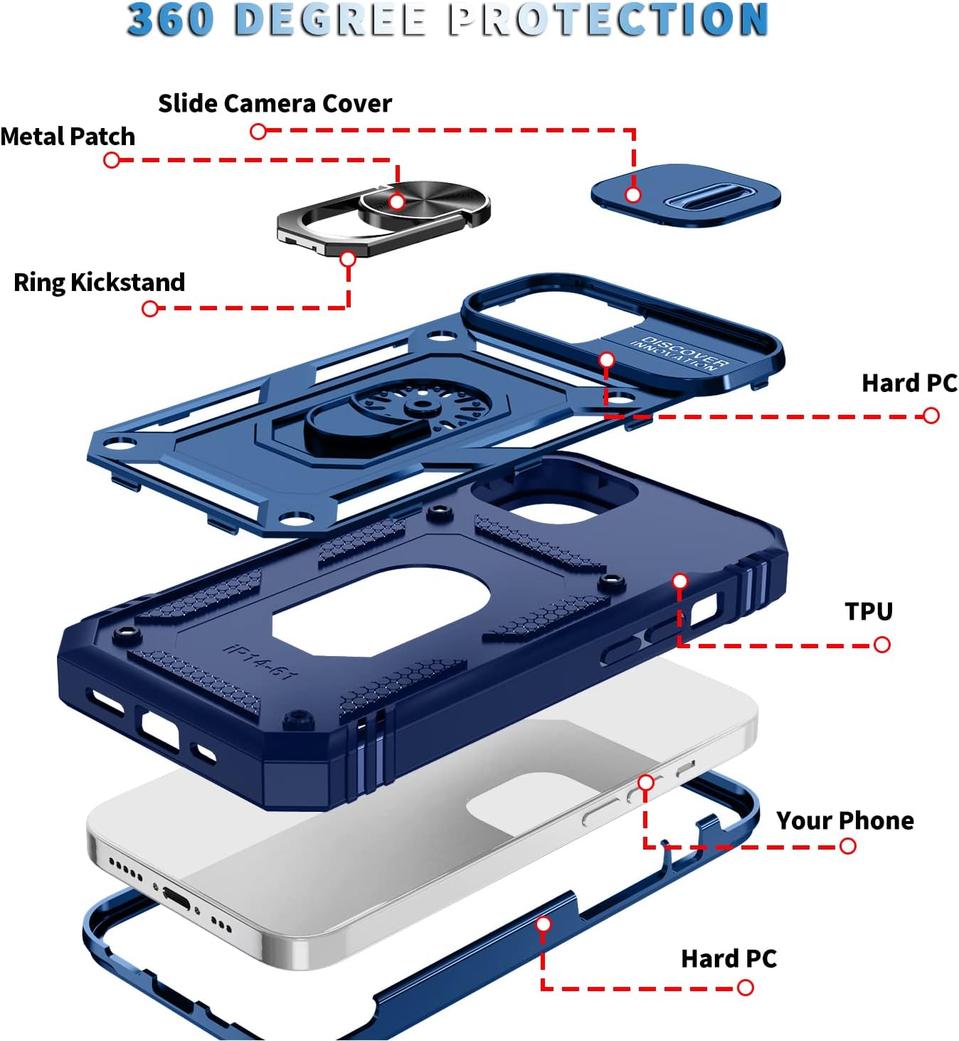 PASNEW Funda para iPhone 14 Plus, soporte de 360 y cubierta deslizante de cámara, resistente militar, cuerpo completo, a prueba de golpes, carcasa