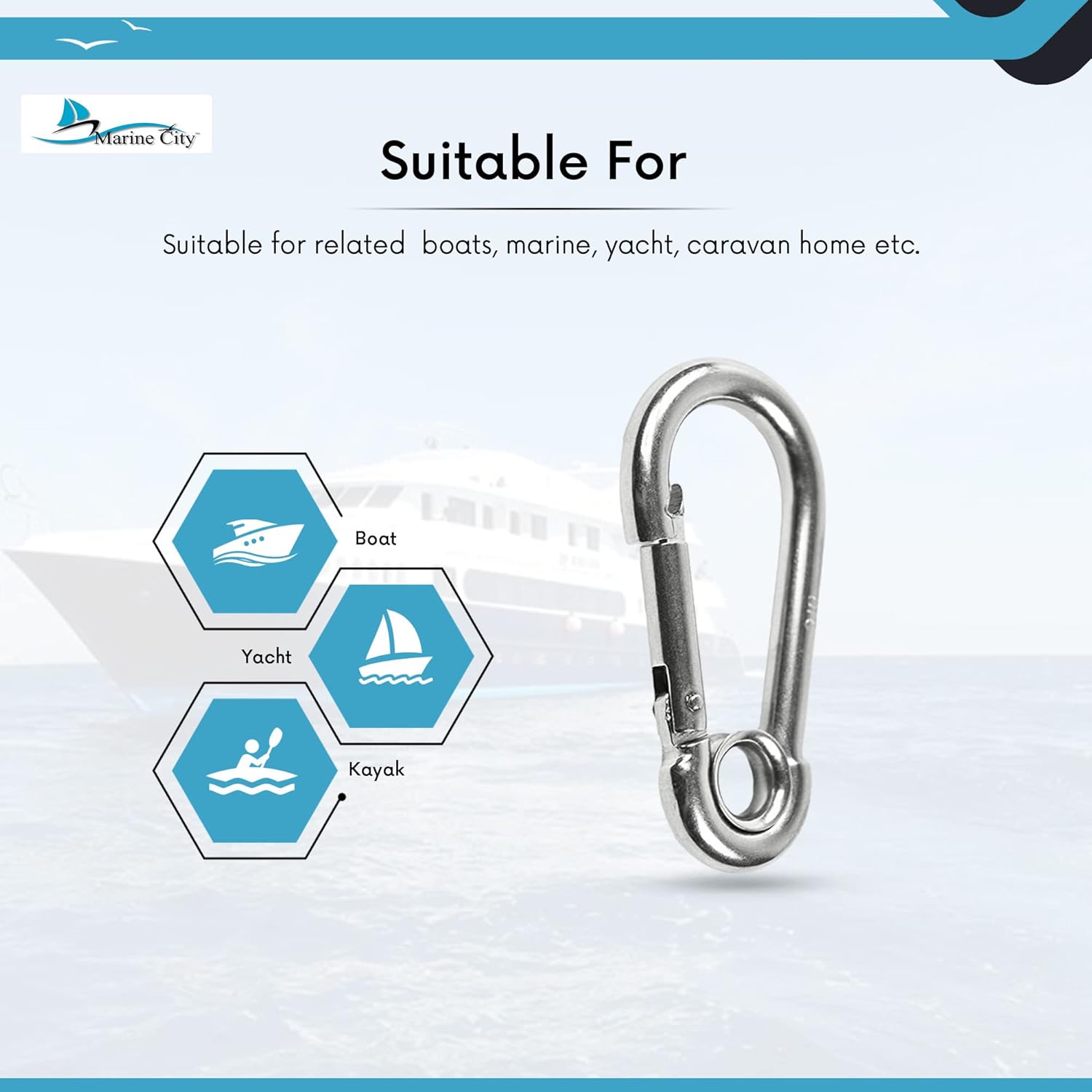 MARINE CITY Mosquetón de acero inoxidable de grado 316 con anillo de 3-18 pulgadas para escalada, pesca, senderismo, barco, vela, campamento