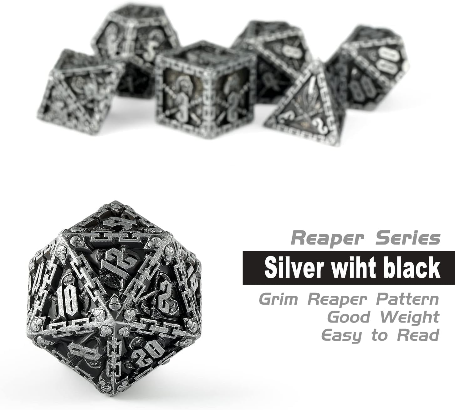 Grim Reaper – Juego de dados de metal DND, juego de dados poliédricos de Calabozos y Dragones, accesorios para D&D, dados para juego de rol d y d