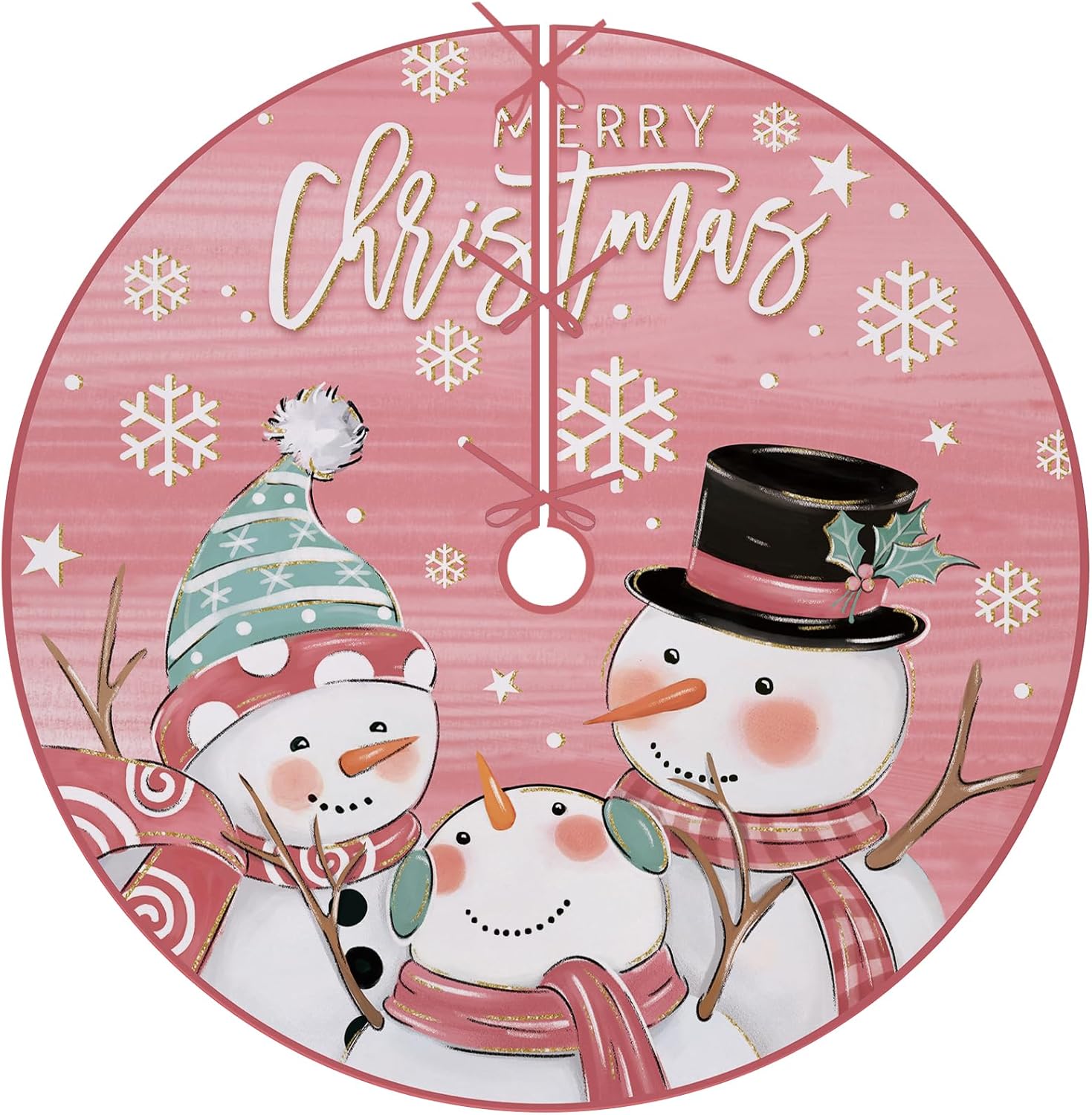 Fzbali Falda de árbol de muñeco de nieve de 48 pulgadas con cordones, falda de árbol de Navidad rosa artificial, fiesta de invierno, decoración de