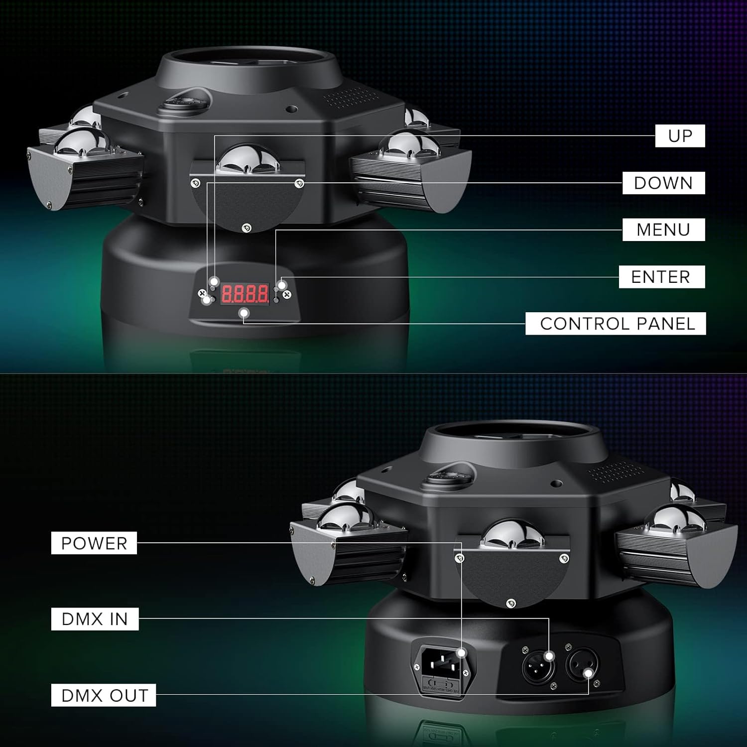 Luces de DJ de cabeza móvil, luz LED RGBW de 150 W con efectos de iluminación mixtos, luces de fiesta de 6 brazos compatibles con DMX-512 y activado